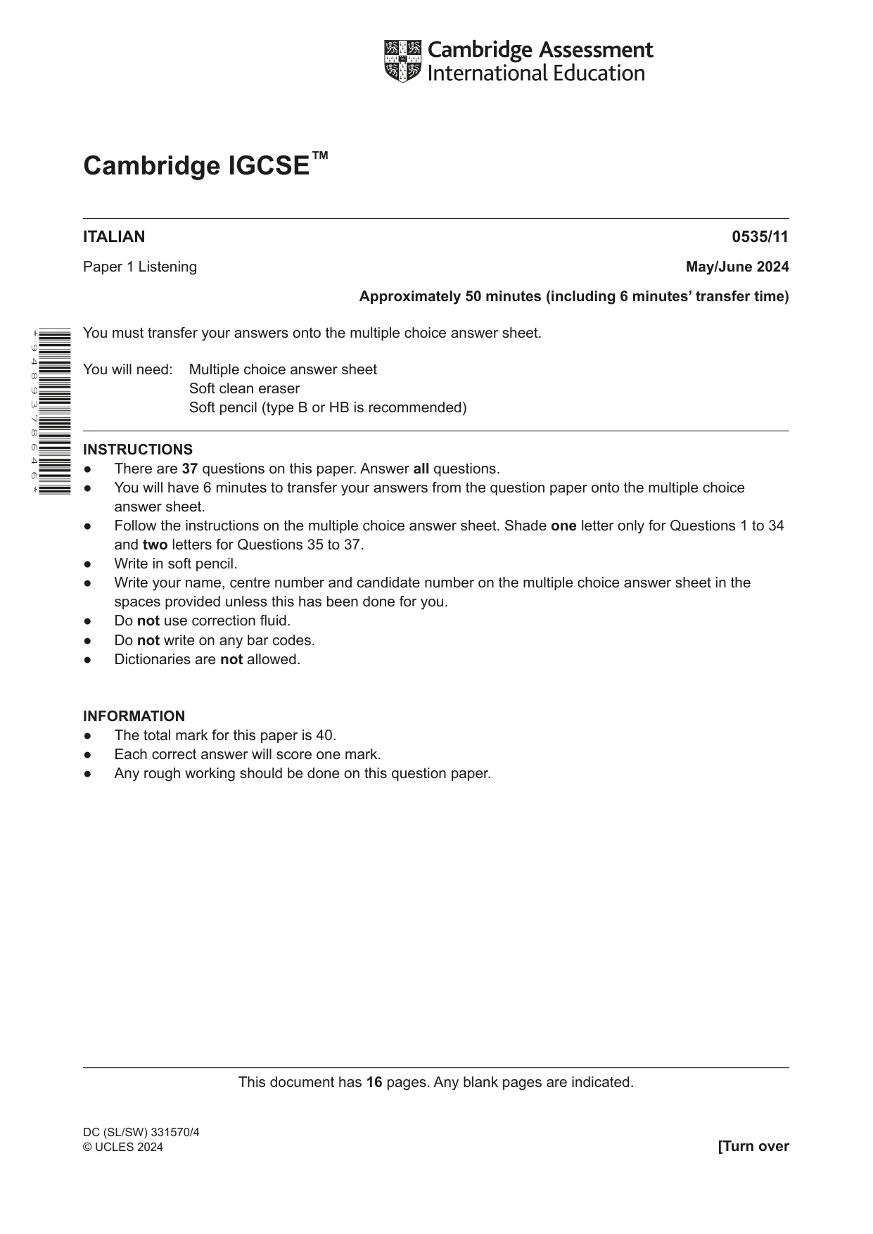 Cambridge IGCSE Italian - Foreign Language 0535 2024 May/June Paper 1 · Variant 1 question paper, page 1 of 16