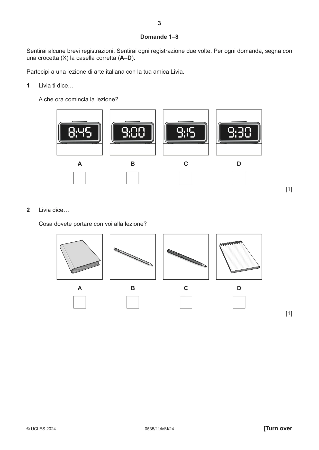 Cambridge IGCSE Italian - Foreign Language 0535 2024 May/June Paper 1 · Variant 1 question paper, page 3 of 16