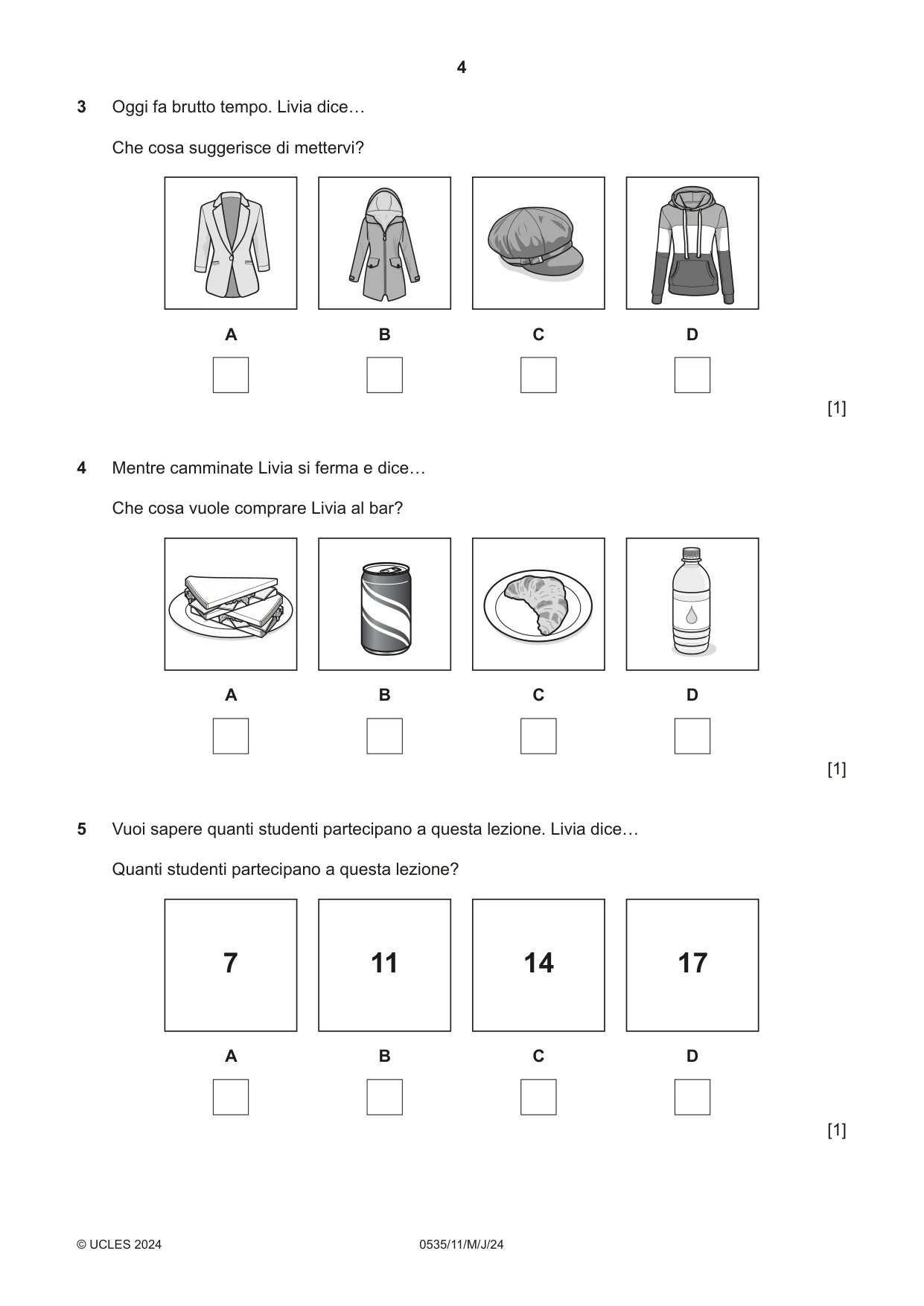 Cambridge IGCSE Italian - Foreign Language 0535 2024 May/June Paper 1 · Variant 1 question paper, page 4 of 16