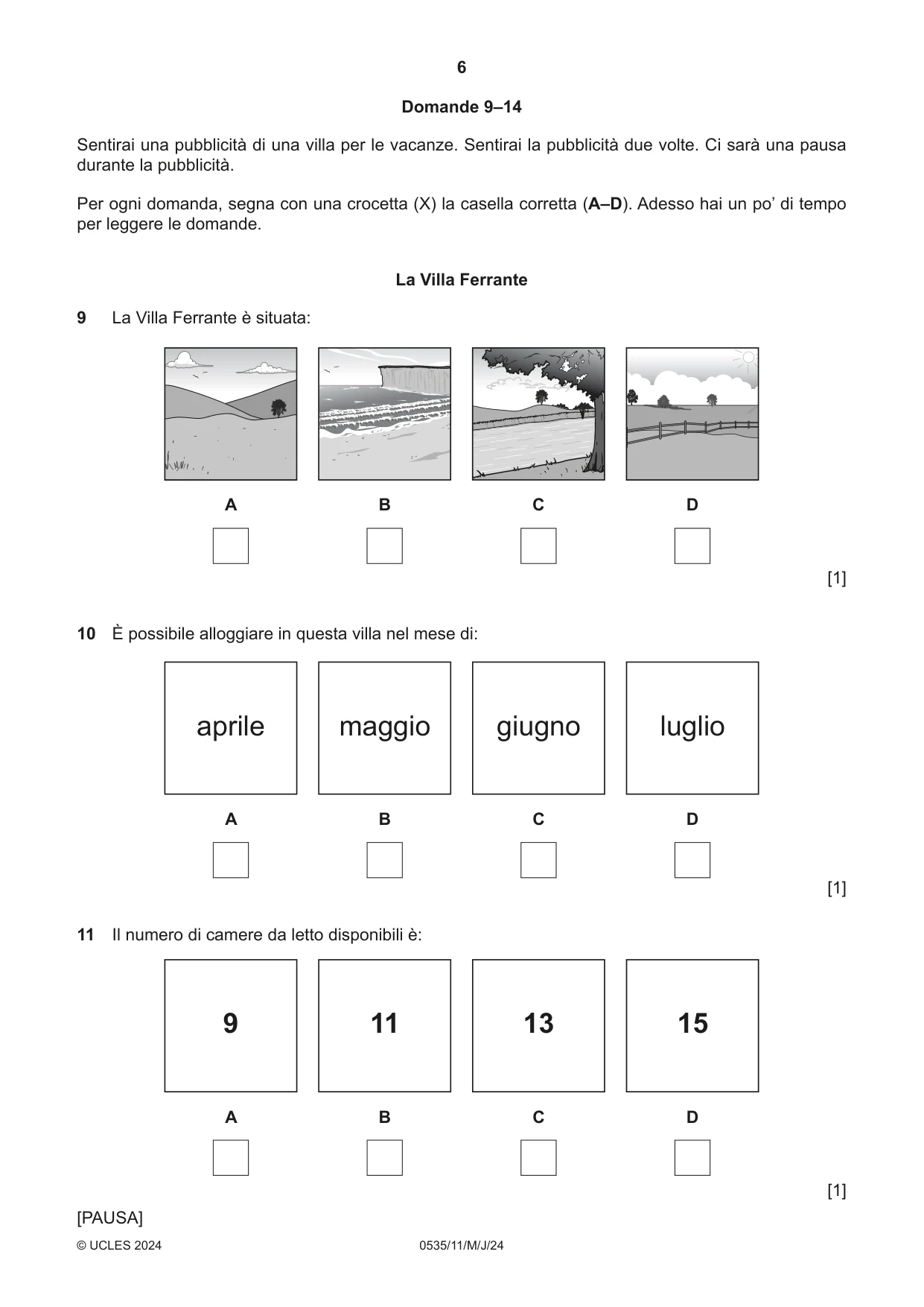 Cambridge IGCSE Italian - Foreign Language 0535 2024 May/June Paper 1 · Variant 1 question paper, page 6 of 16