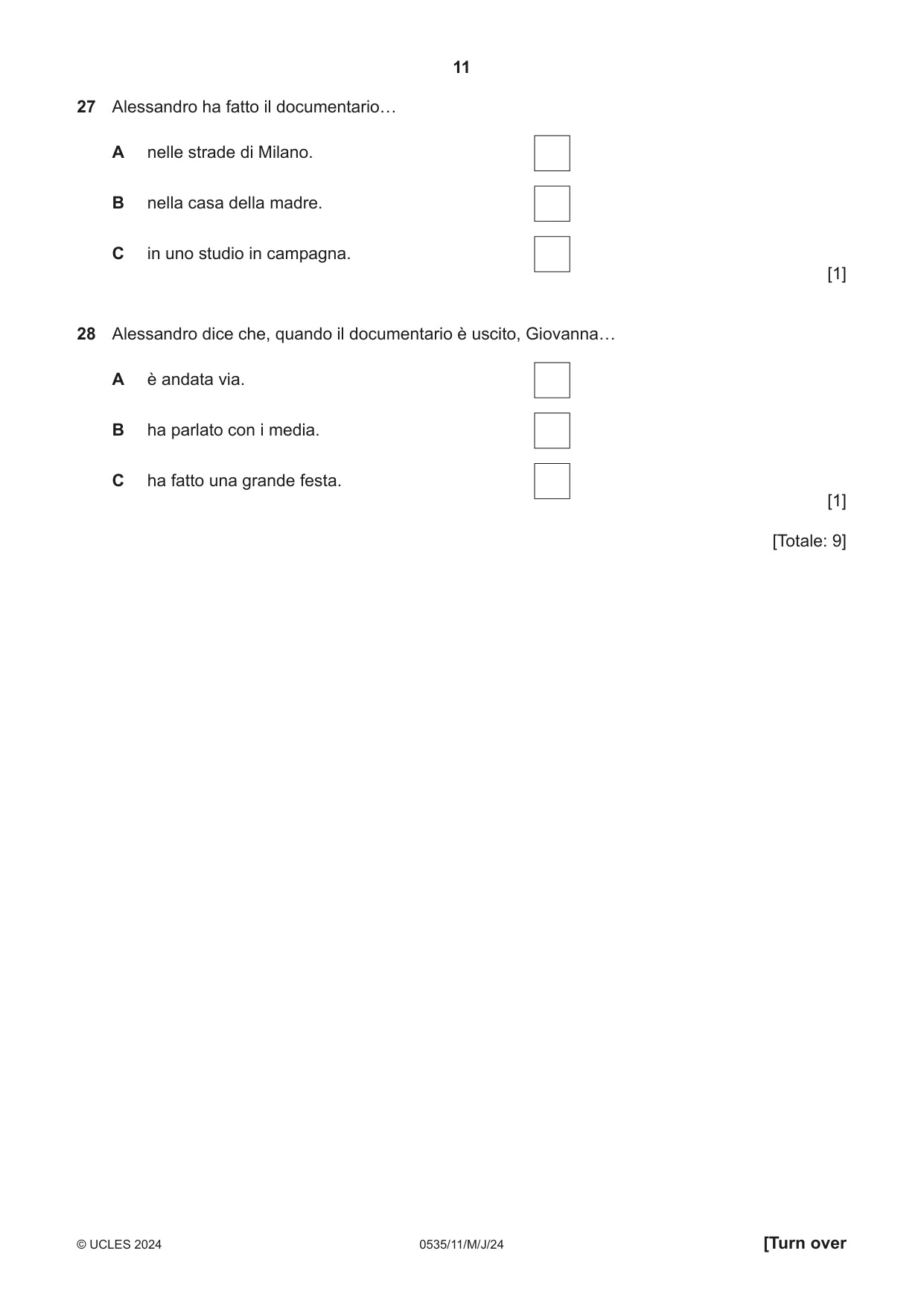 Cambridge IGCSE Italian - Foreign Language 0535 2024 May/June Paper 1 · Variant 1 question paper, page 11 of 16