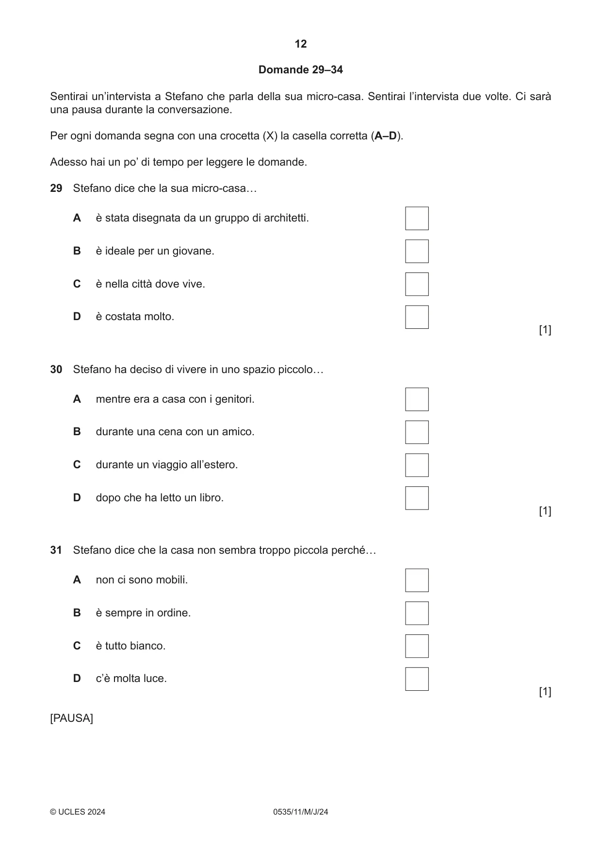 Cambridge IGCSE Italian - Foreign Language 0535 2024 May/June Paper 1 · Variant 1 question paper, page 12 of 16