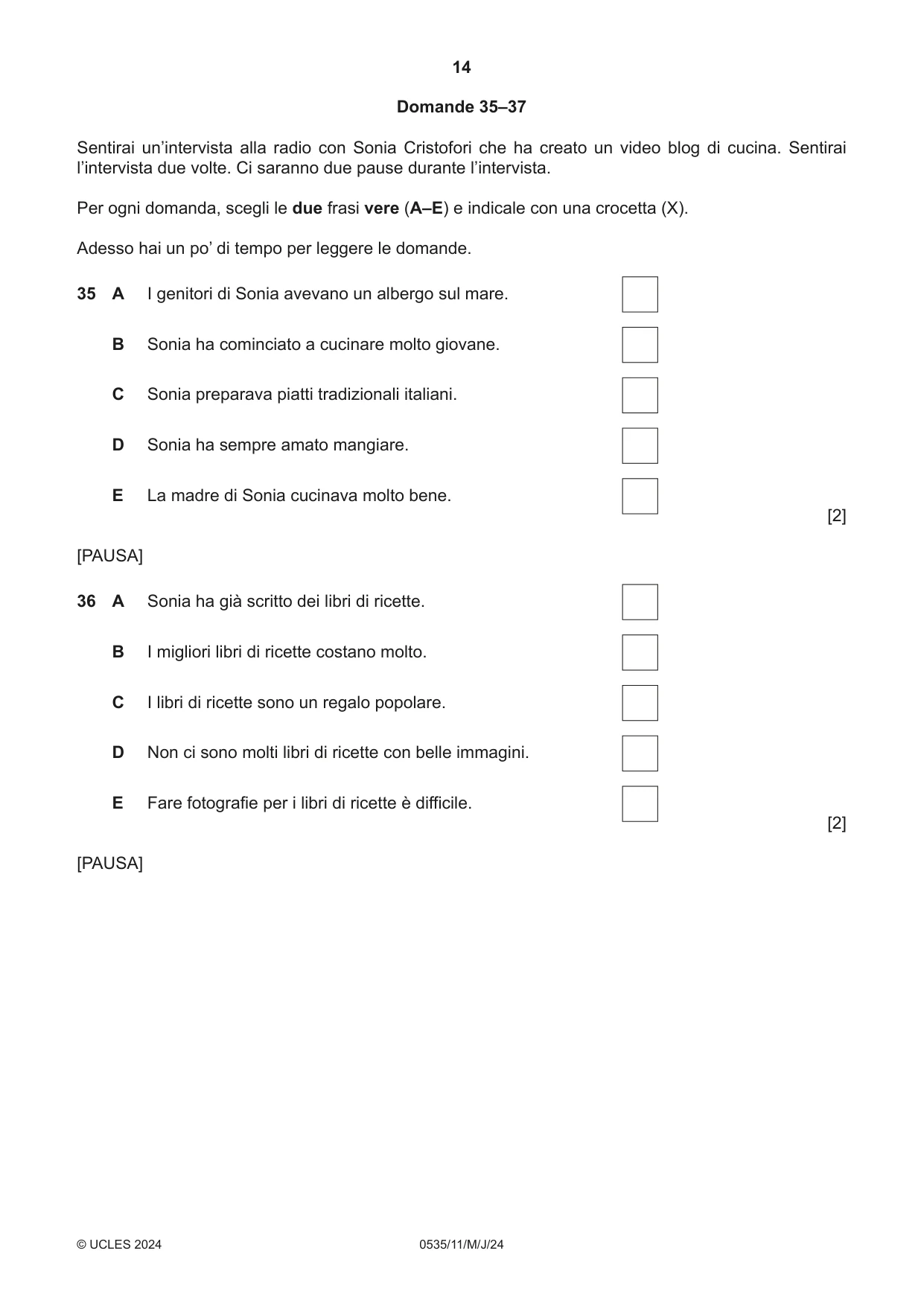 Cambridge IGCSE Italian - Foreign Language 0535 2024 May/June Paper 1 · Variant 1 question paper, page 14 of 16