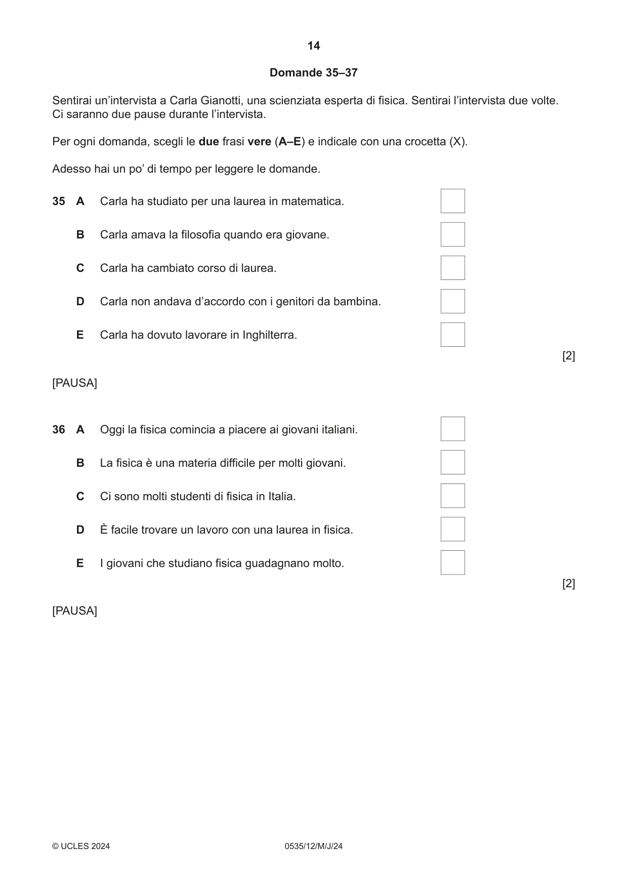 Cambridge IGCSE Italian - Foreign Language 0535 2024 May/June Paper 1 · Variant 2 question paper, page 14 of 16