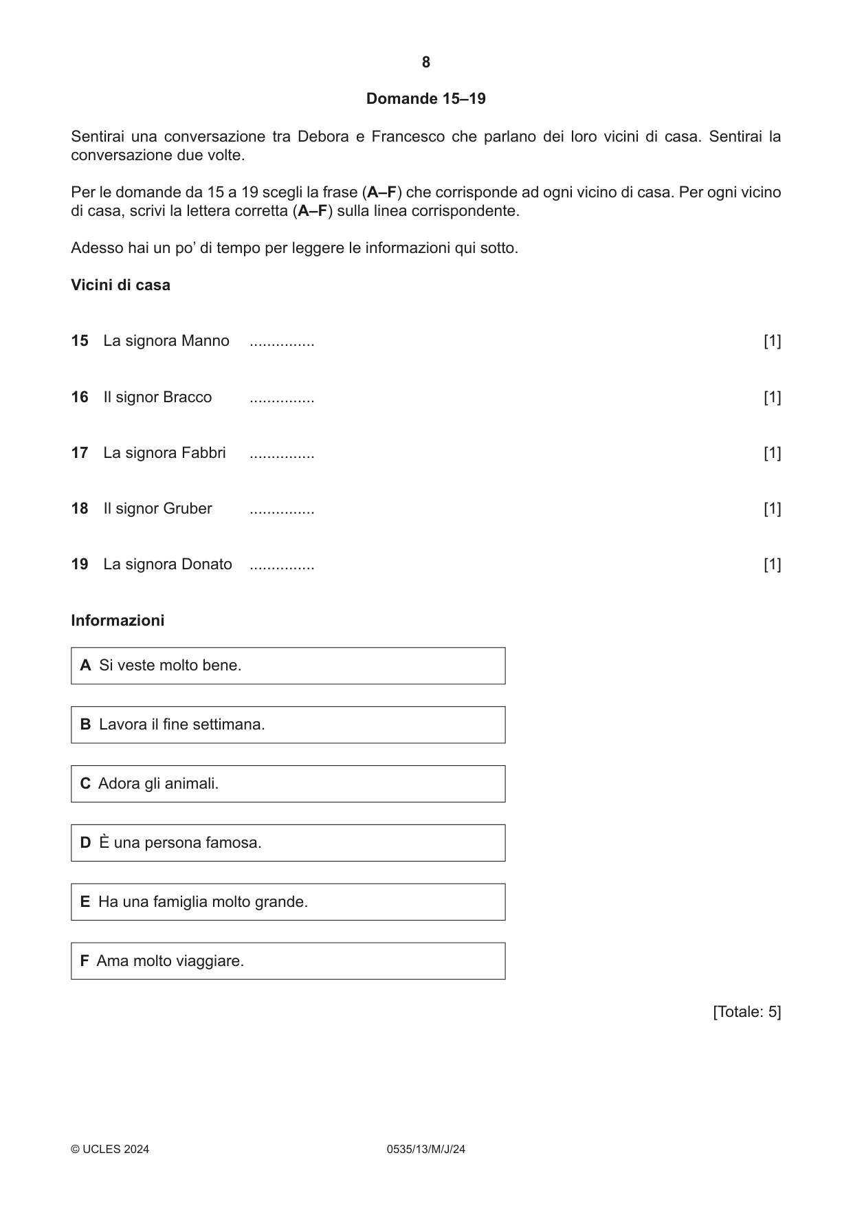 Cambridge IGCSE Italian - Foreign Language 0535 2024 May/June Paper 1 · Variant 3 question paper, page 8 of 16