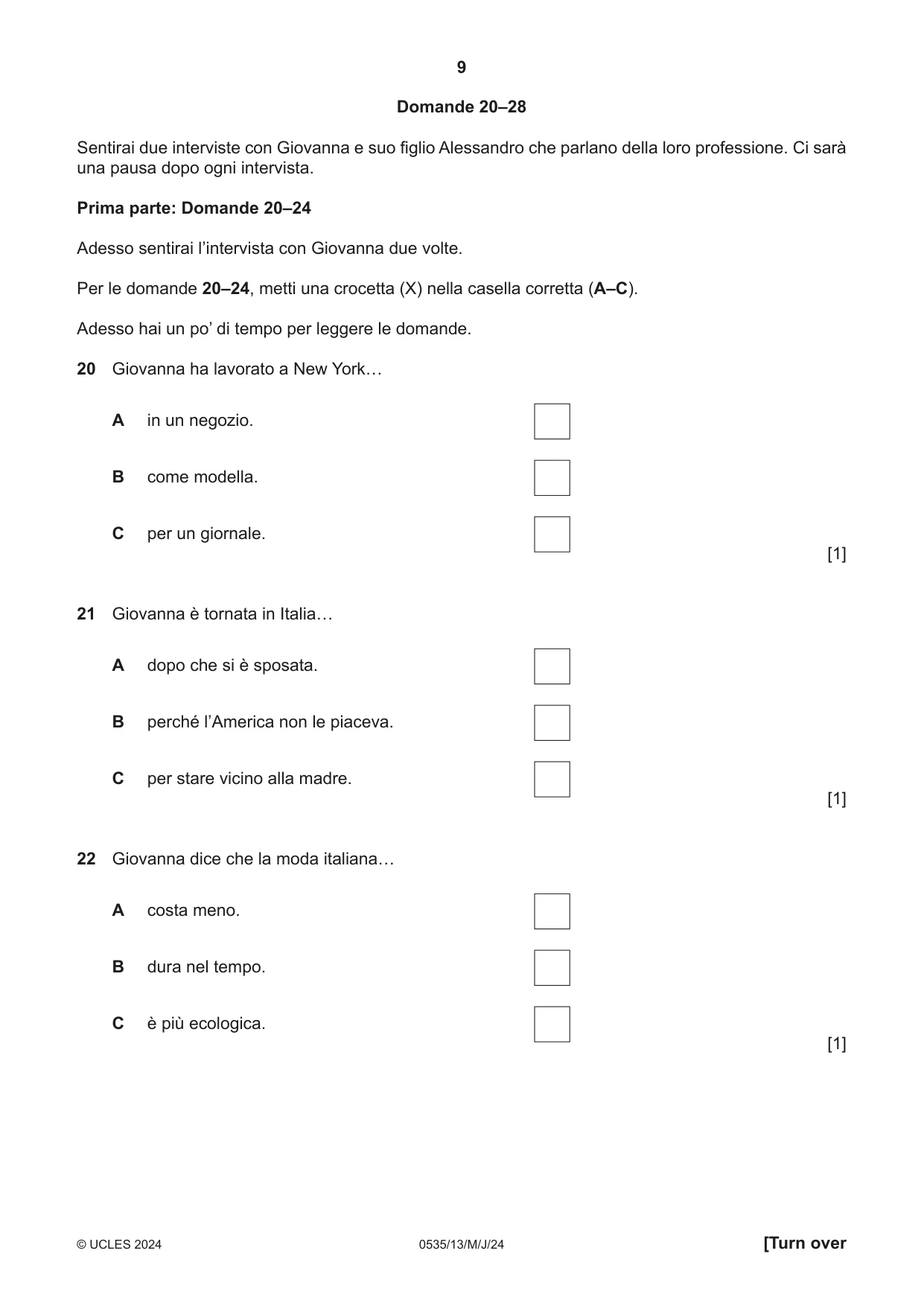 Cambridge IGCSE Italian - Foreign Language 0535 2024 May/June Paper 1 · Variant 3 question paper, page 9 of 16