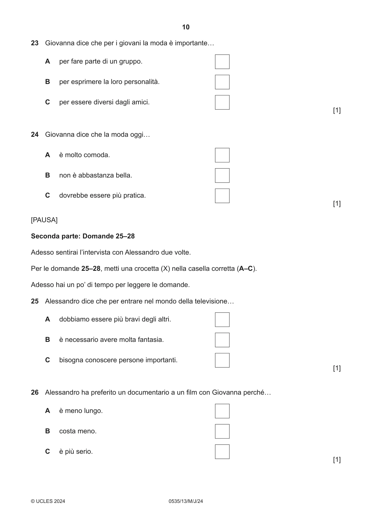 Cambridge IGCSE Italian - Foreign Language 0535 2024 May/June Paper 1 · Variant 3 question paper, page 10 of 16