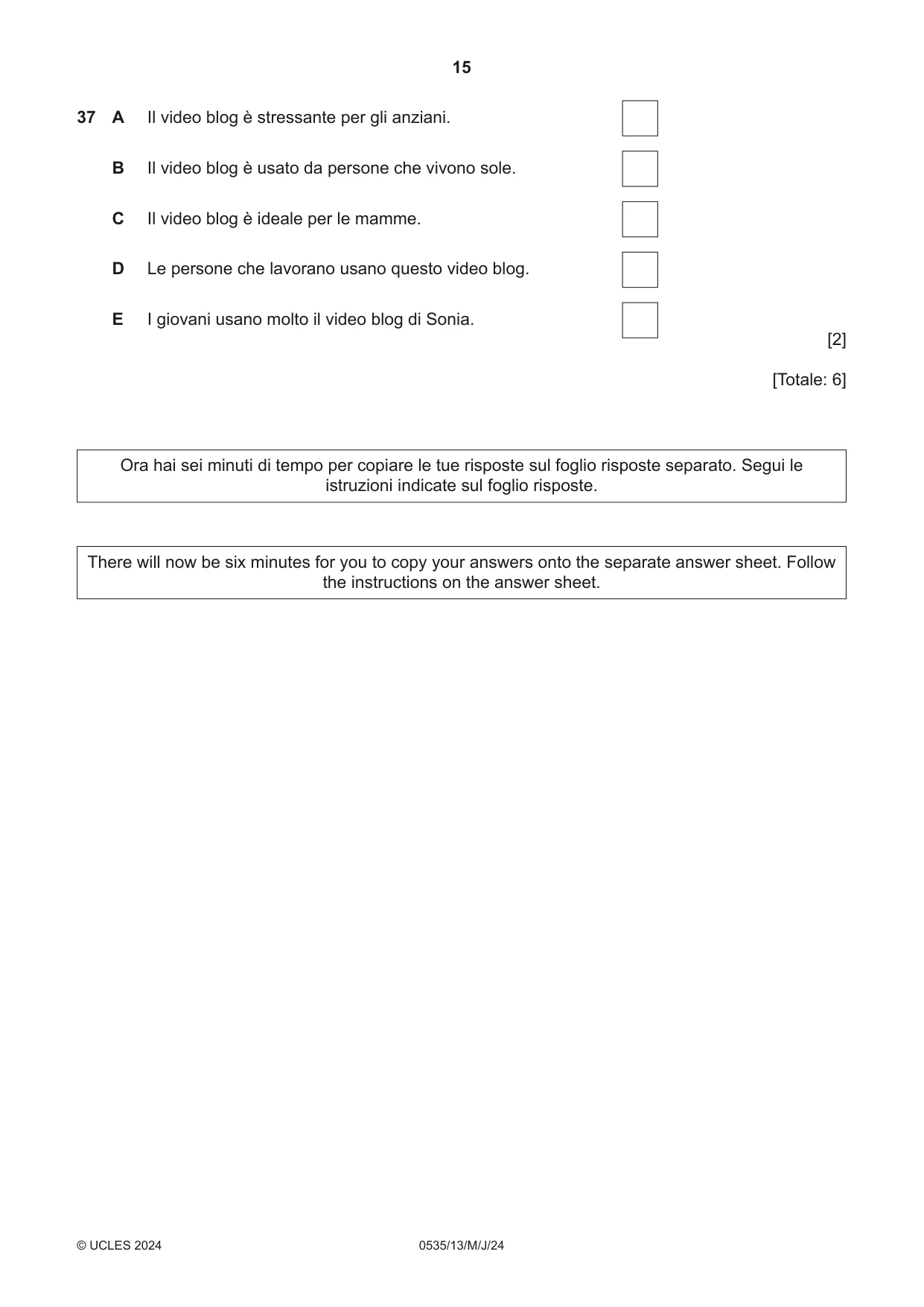 Cambridge IGCSE Italian - Foreign Language 0535 2024 May/June Paper 1 · Variant 3 question paper, page 15 of 16