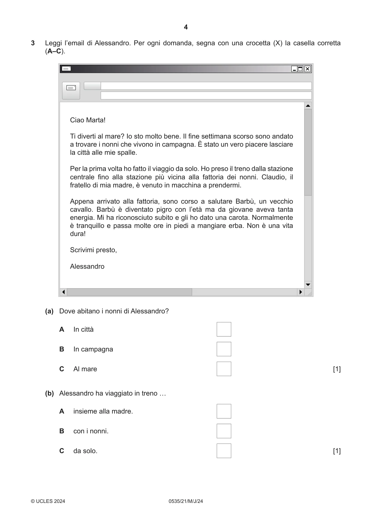 Cambridge IGCSE Italian - Foreign Language 0535 2024 May/June Paper 2 · Variant 1 question paper, page 4 of 12