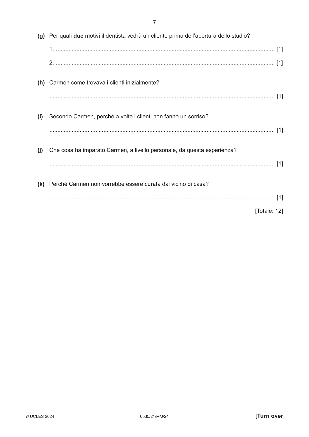 Cambridge IGCSE Italian - Foreign Language 0535 2024 May/June Paper 2 · Variant 1 question paper, page 7 of 12