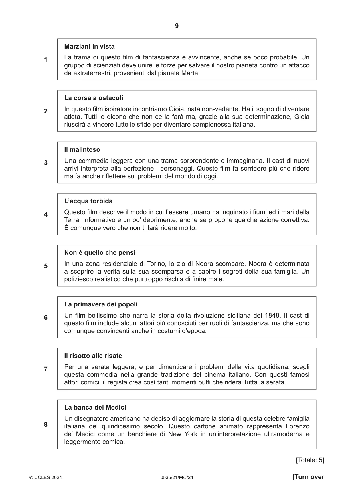 Cambridge IGCSE Italian - Foreign Language 0535 2024 May/June Paper 2 · Variant 1 question paper, page 9 of 12