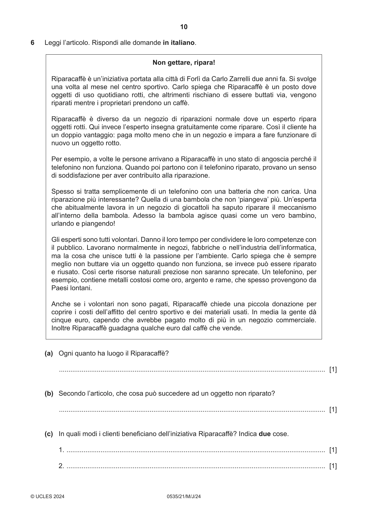 Cambridge IGCSE Italian - Foreign Language 0535 2024 May/June Paper 2 · Variant 1 question paper, page 10 of 12