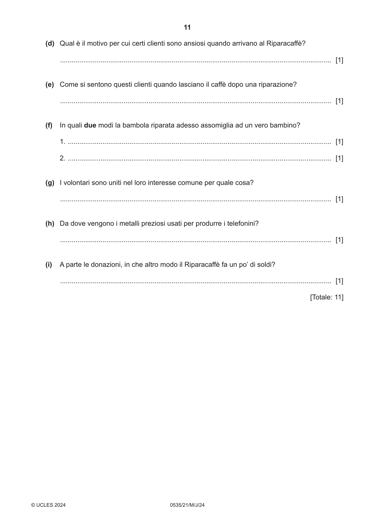 Cambridge IGCSE Italian - Foreign Language 0535 2024 May/June Paper 2 · Variant 1 question paper, page 11 of 12