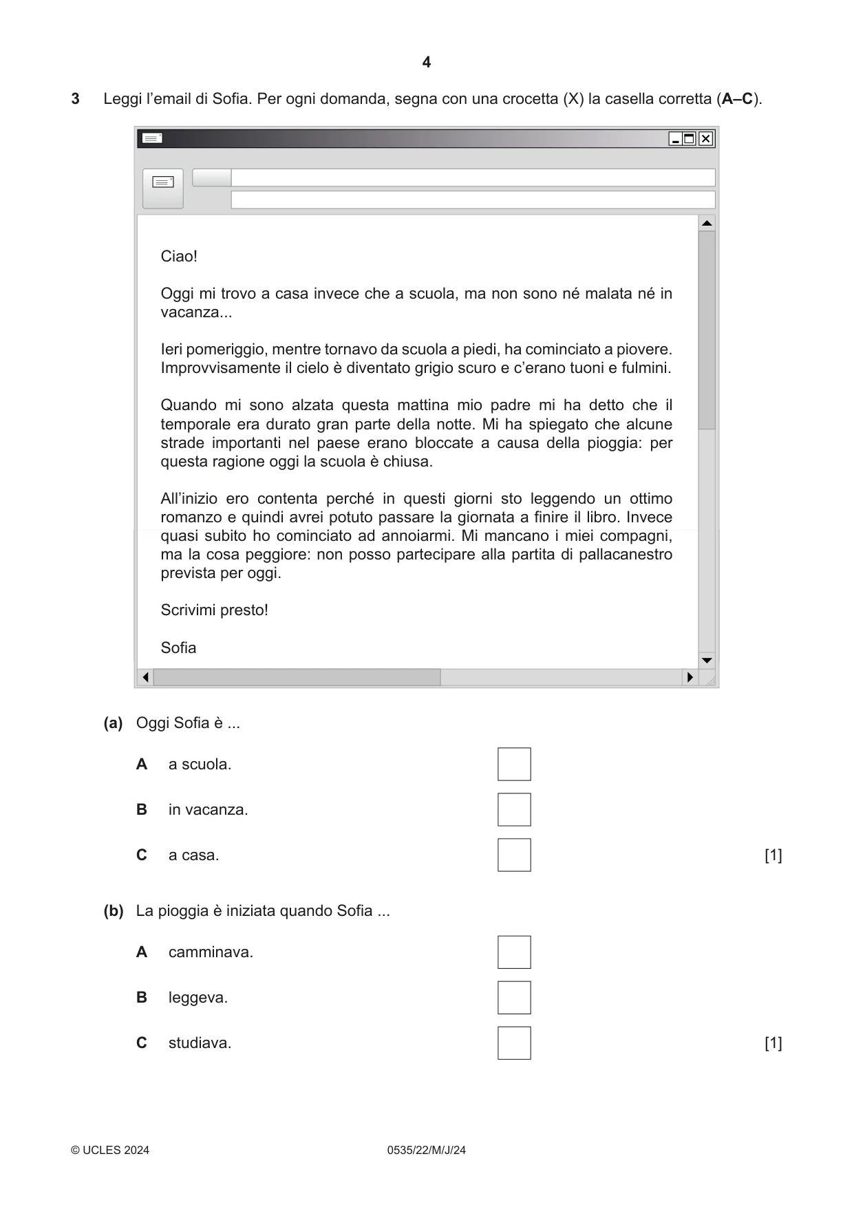 Cambridge IGCSE Italian - Foreign Language 0535 2024 May/June Paper 2 · Variant 2 question paper, page 4 of 12