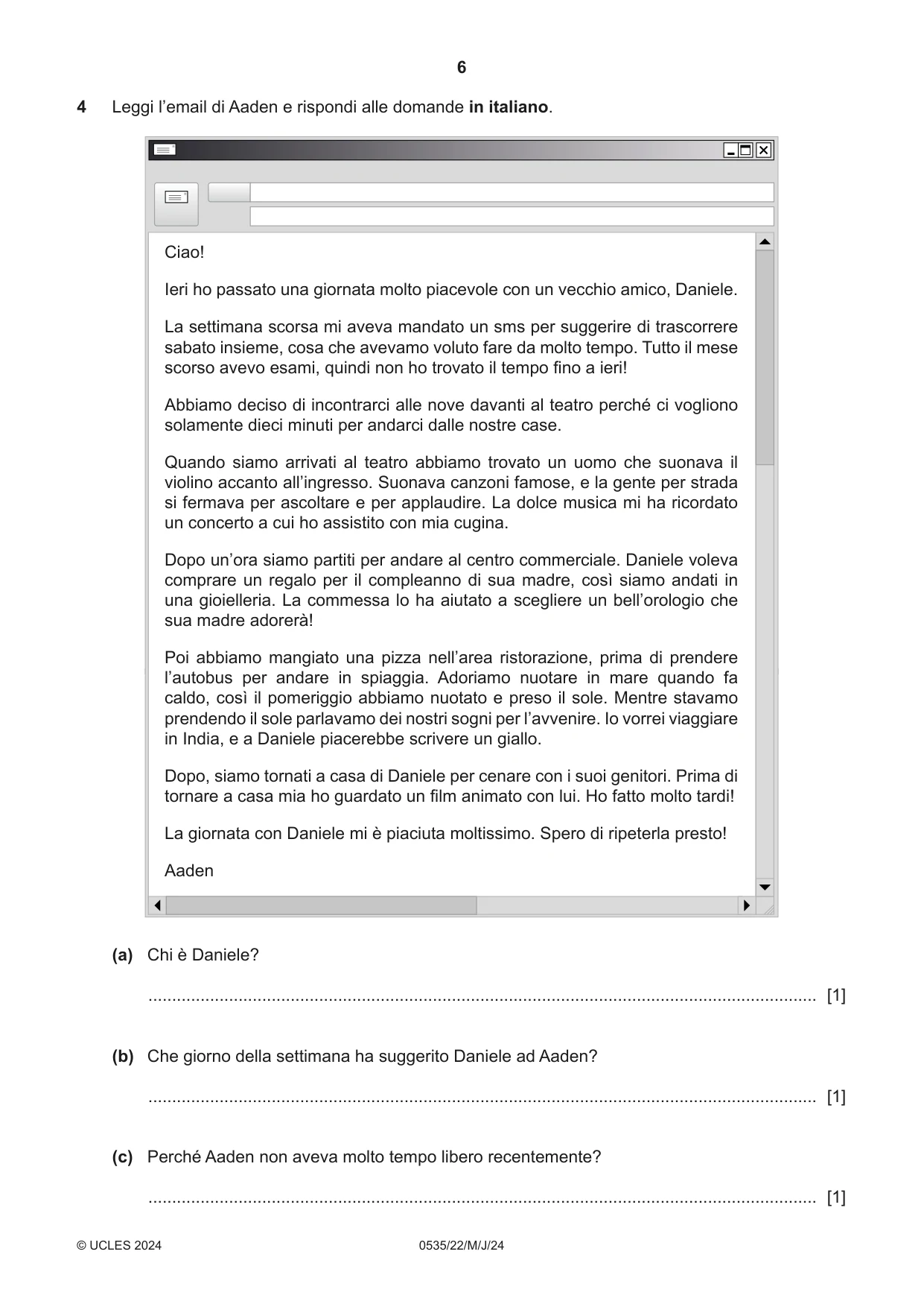 Cambridge IGCSE Italian - Foreign Language 0535 2024 May/June Paper 2 · Variant 2 question paper, page 6 of 12