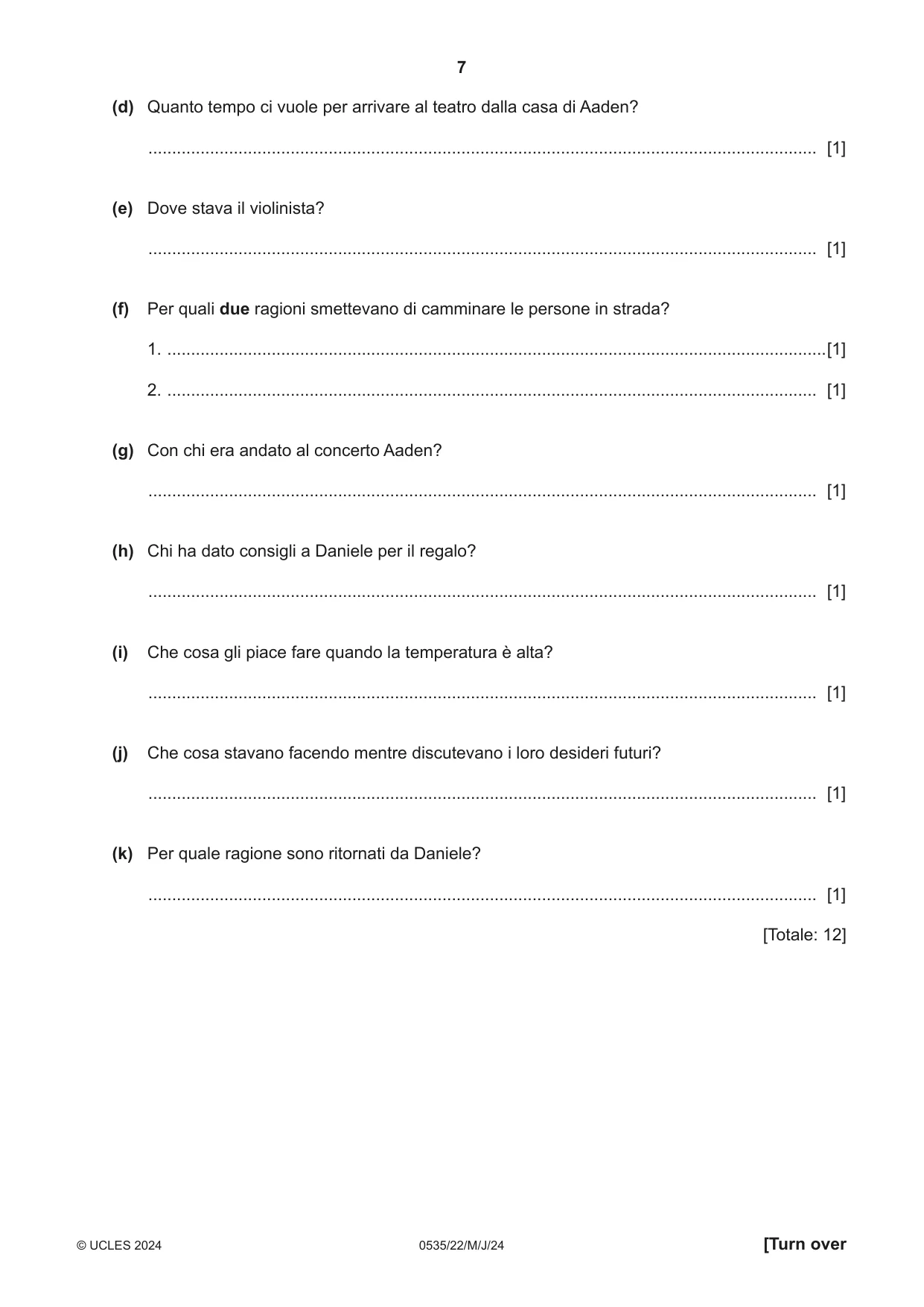Cambridge IGCSE Italian - Foreign Language 0535 2024 May/June Paper 2 · Variant 2 question paper, page 7 of 12