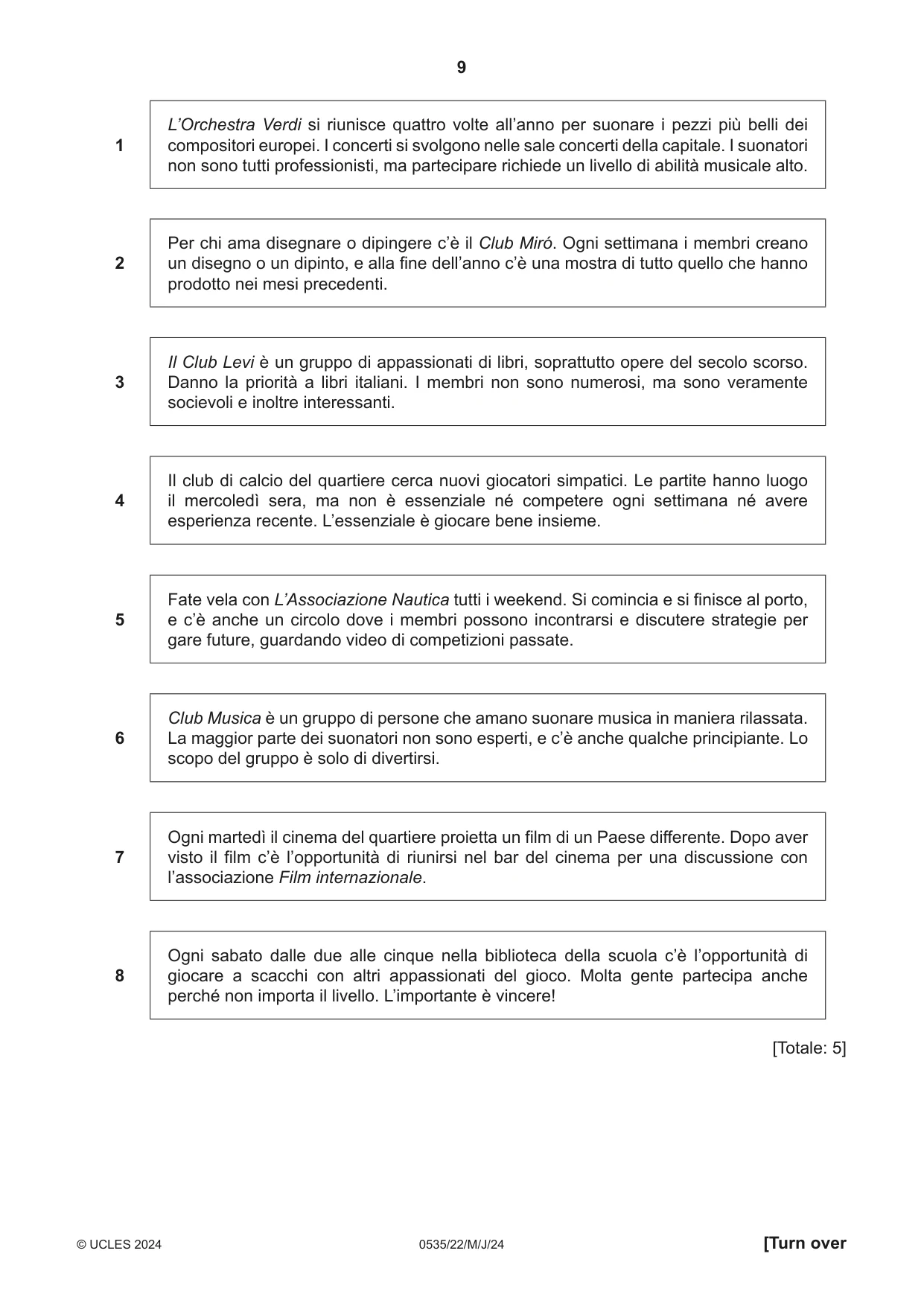 Cambridge IGCSE Italian - Foreign Language 0535 2024 May/June Paper 2 · Variant 2 question paper, page 9 of 12