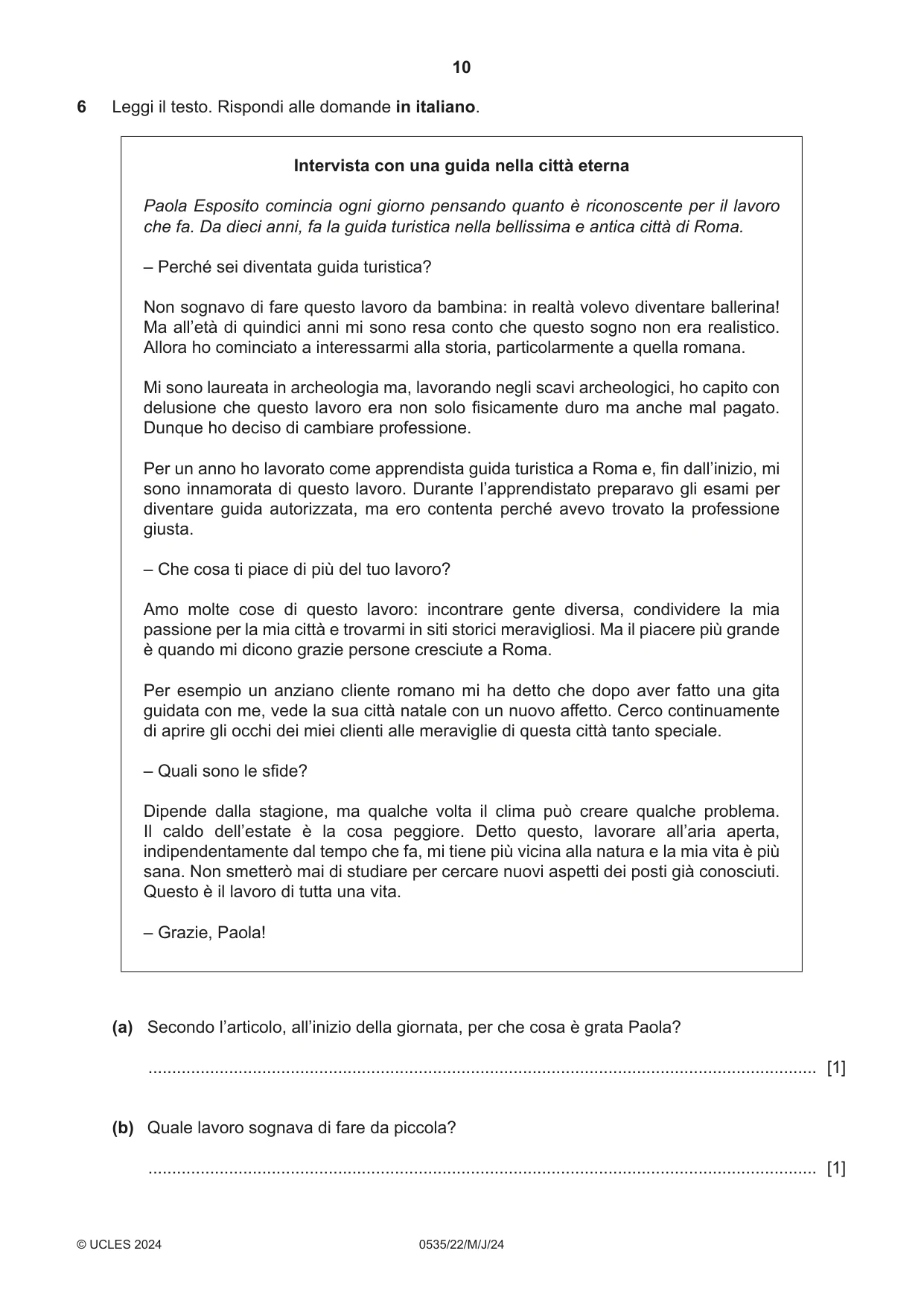 Cambridge IGCSE Italian - Foreign Language 0535 2024 May/June Paper 2 · Variant 2 question paper, page 10 of 12