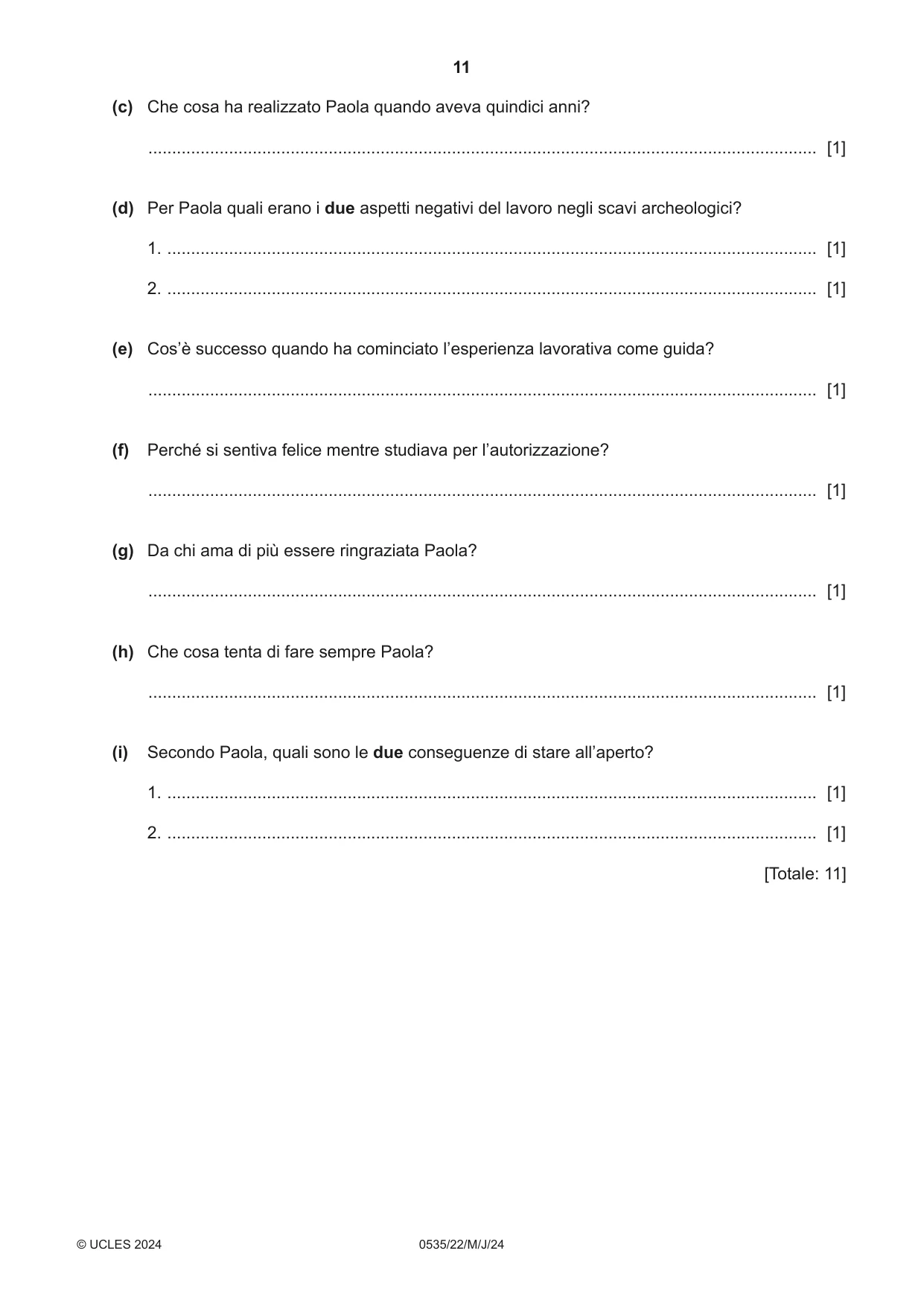 Cambridge IGCSE Italian - Foreign Language 0535 2024 May/June Paper 2 · Variant 2 question paper, page 11 of 12