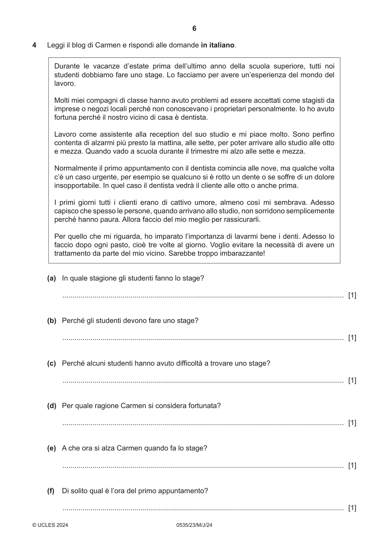 Cambridge IGCSE Italian - Foreign Language 0535 2024 May/June Paper 2 · Variant 3 question paper, page 6 of 12