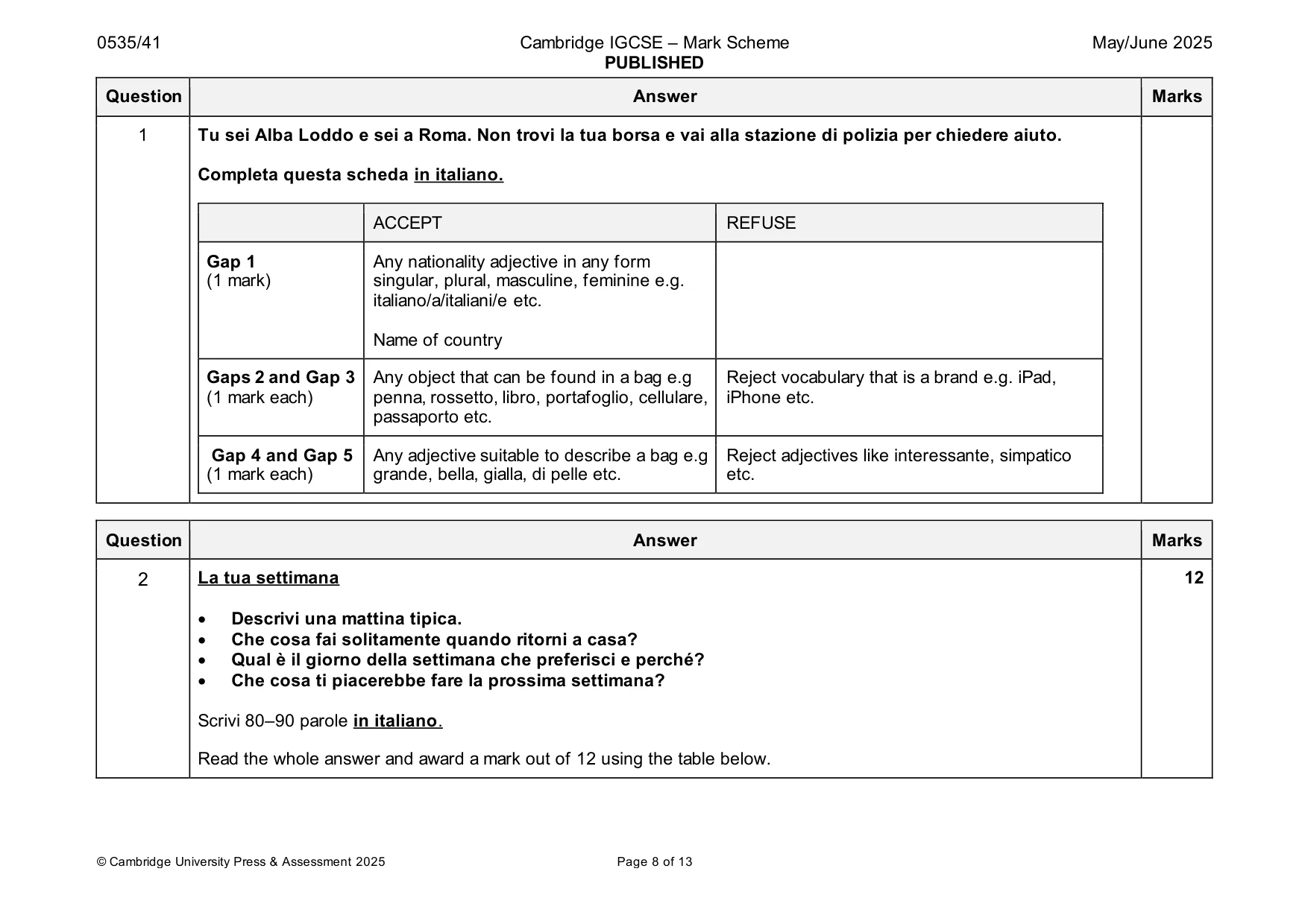 Mark scheme, page 8 of 13