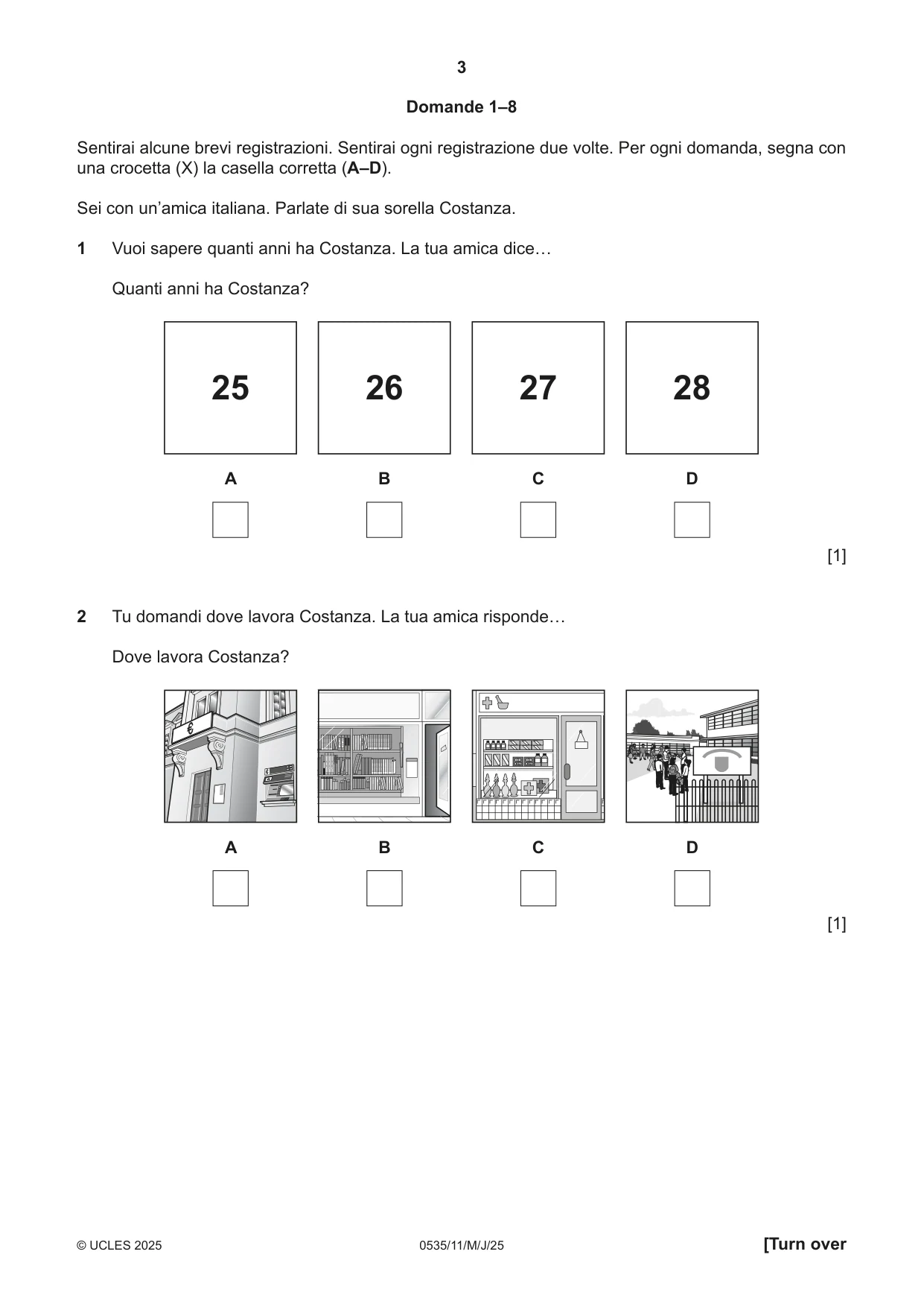 Cambridge IGCSE Italian - Foreign Language 0535 2025 May/June Paper 1 · Variant 1 question paper, page 3 of 16