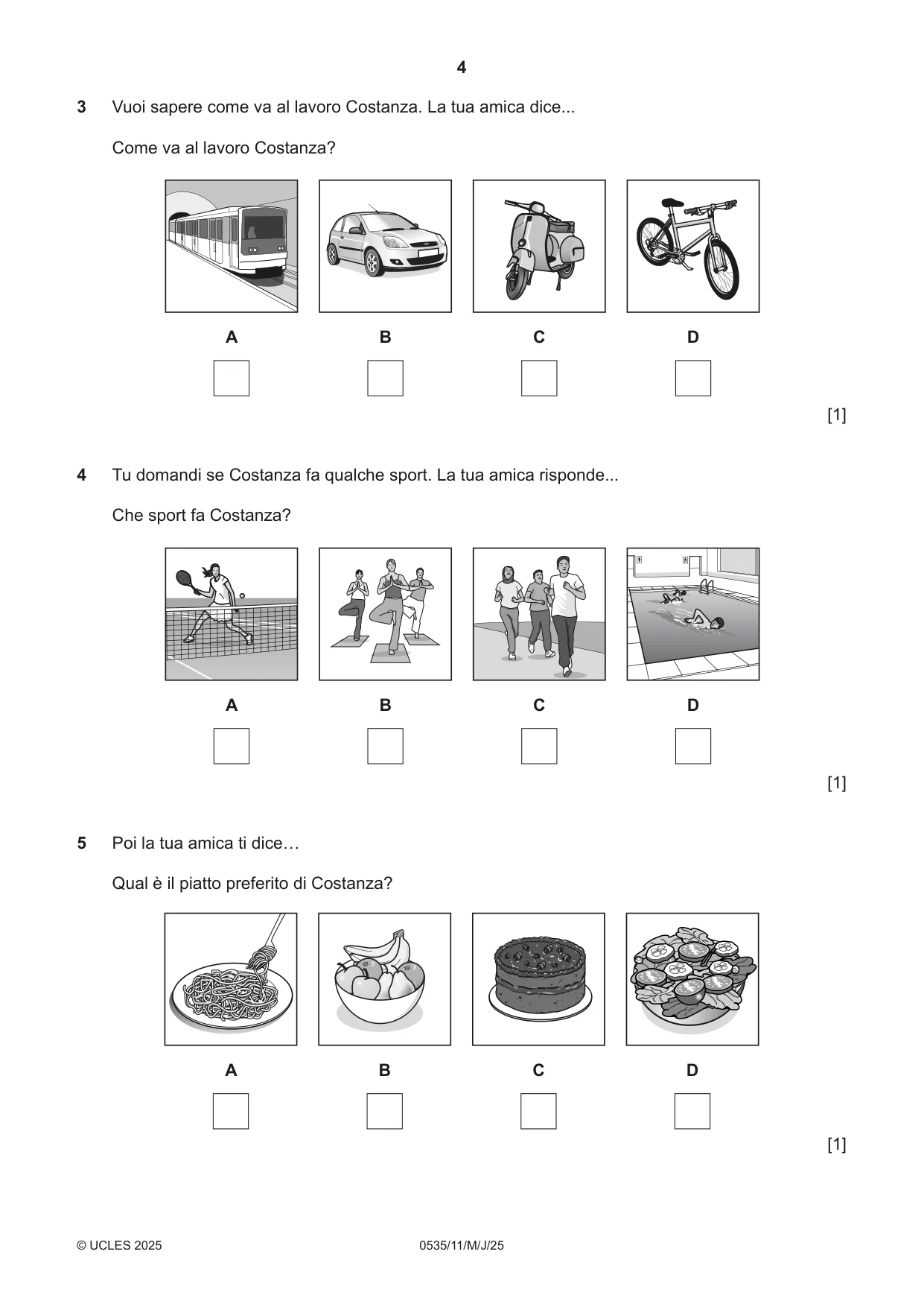 Cambridge IGCSE Italian - Foreign Language 0535 2025 May/June Paper 1 · Variant 1 question paper, page 4 of 16
