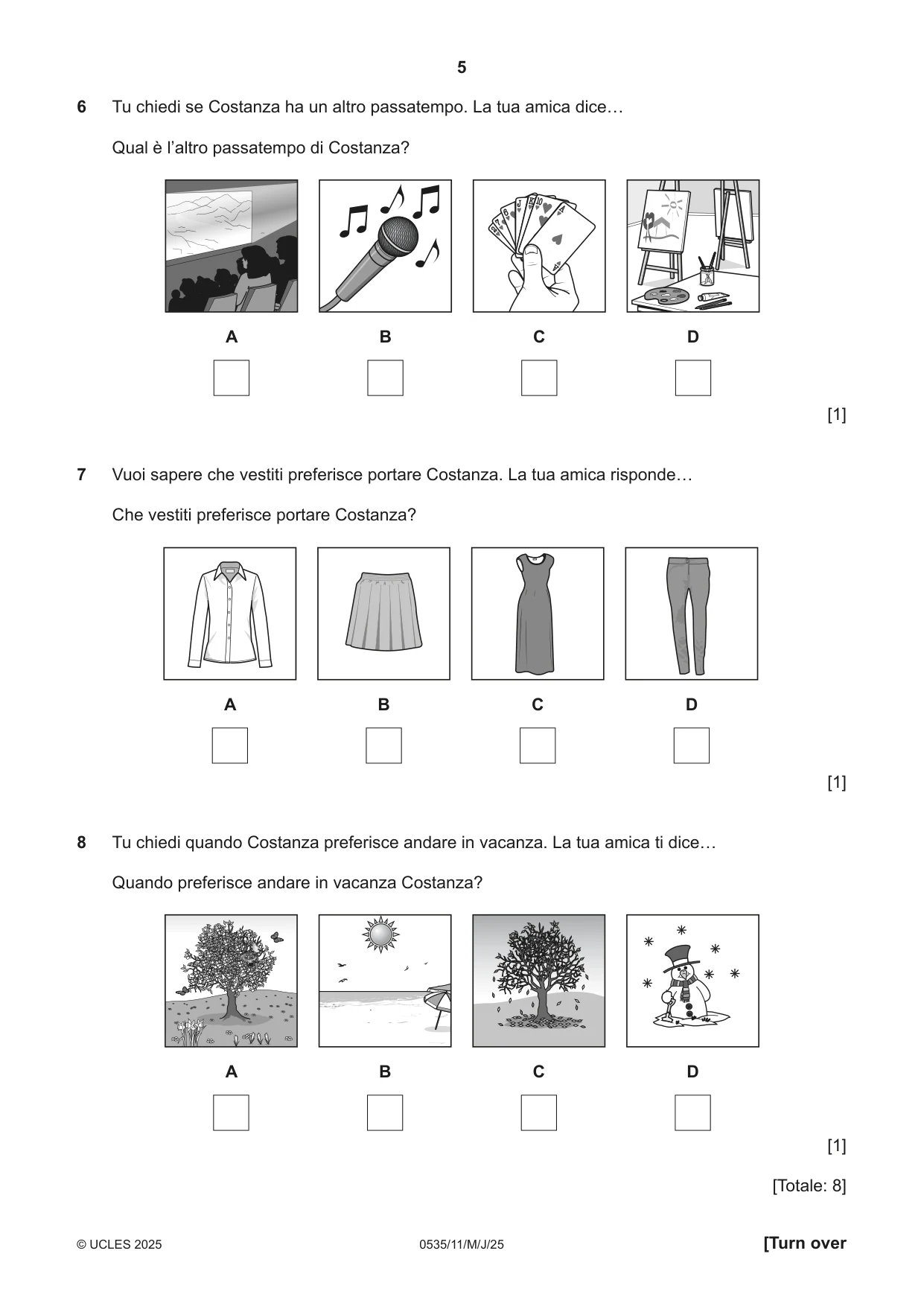 Cambridge IGCSE Italian - Foreign Language 0535 2025 May/June Paper 1 · Variant 1 question paper, page 5 of 16