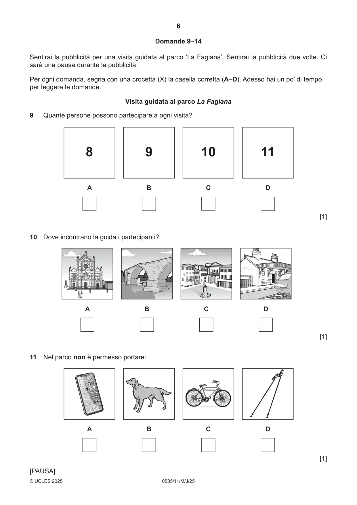 Cambridge IGCSE Italian - Foreign Language 0535 2025 May/June Paper 1 · Variant 1 question paper, page 6 of 16