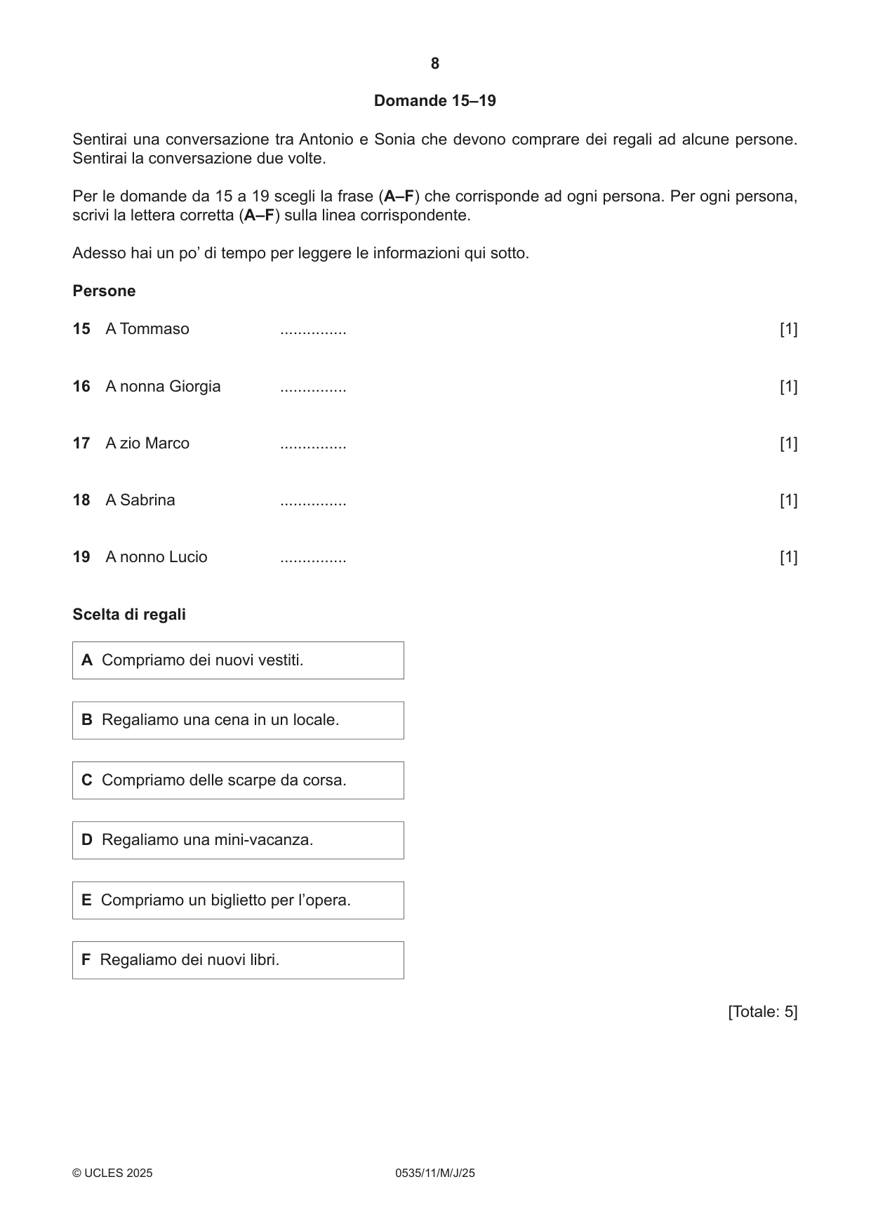 Cambridge IGCSE Italian - Foreign Language 0535 2025 May/June Paper 1 · Variant 1 question paper, page 8 of 16