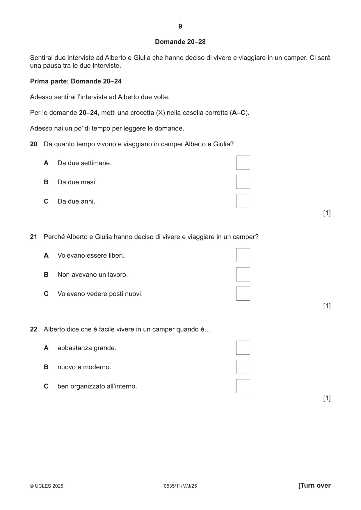 Cambridge IGCSE Italian - Foreign Language 0535 2025 May/June Paper 1 · Variant 1 question paper, page 9 of 16