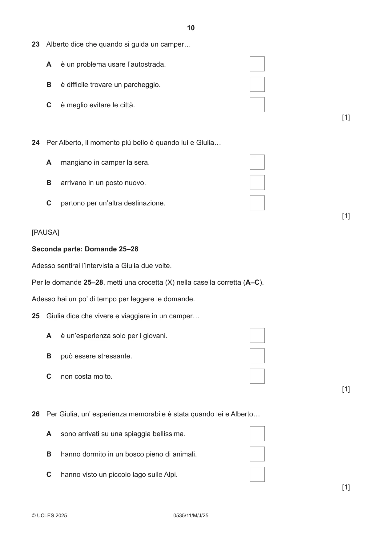 Cambridge IGCSE Italian - Foreign Language 0535 2025 May/June Paper 1 · Variant 1 question paper, page 10 of 16