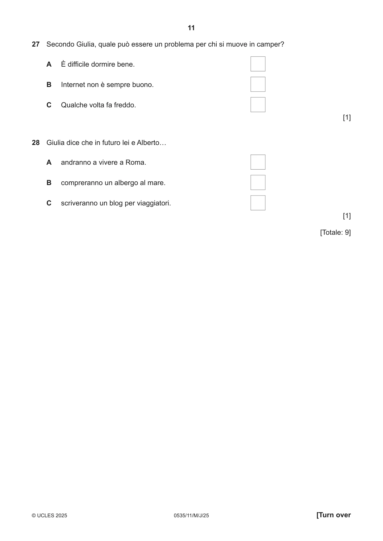 Cambridge IGCSE Italian - Foreign Language 0535 2025 May/June Paper 1 · Variant 1 question paper, page 11 of 16