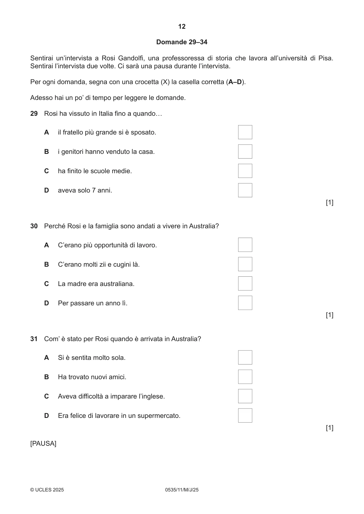 Cambridge IGCSE Italian - Foreign Language 0535 2025 May/June Paper 1 · Variant 1 question paper, page 12 of 16