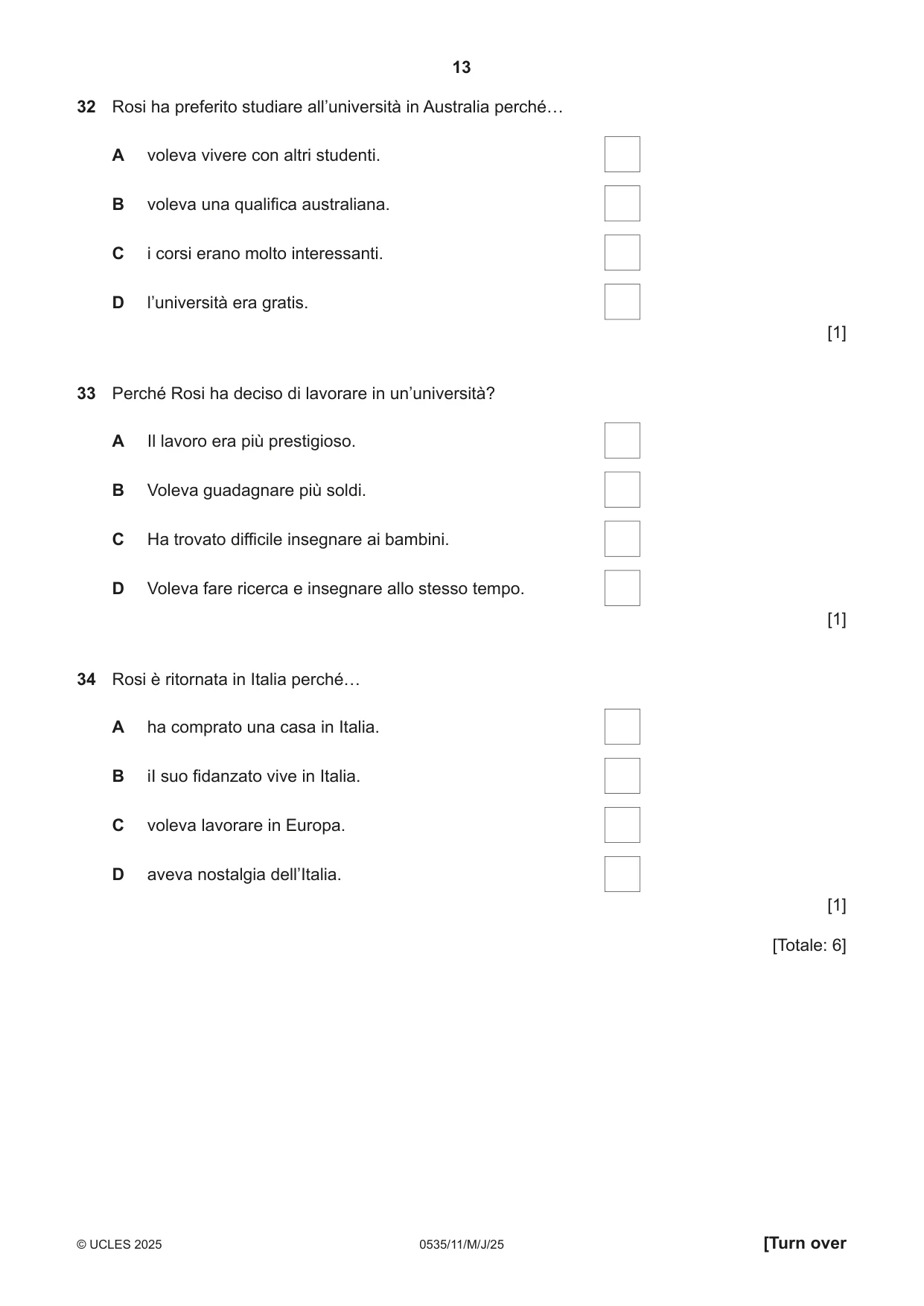 Cambridge IGCSE Italian - Foreign Language 0535 2025 May/June Paper 1 · Variant 1 question paper, page 13 of 16