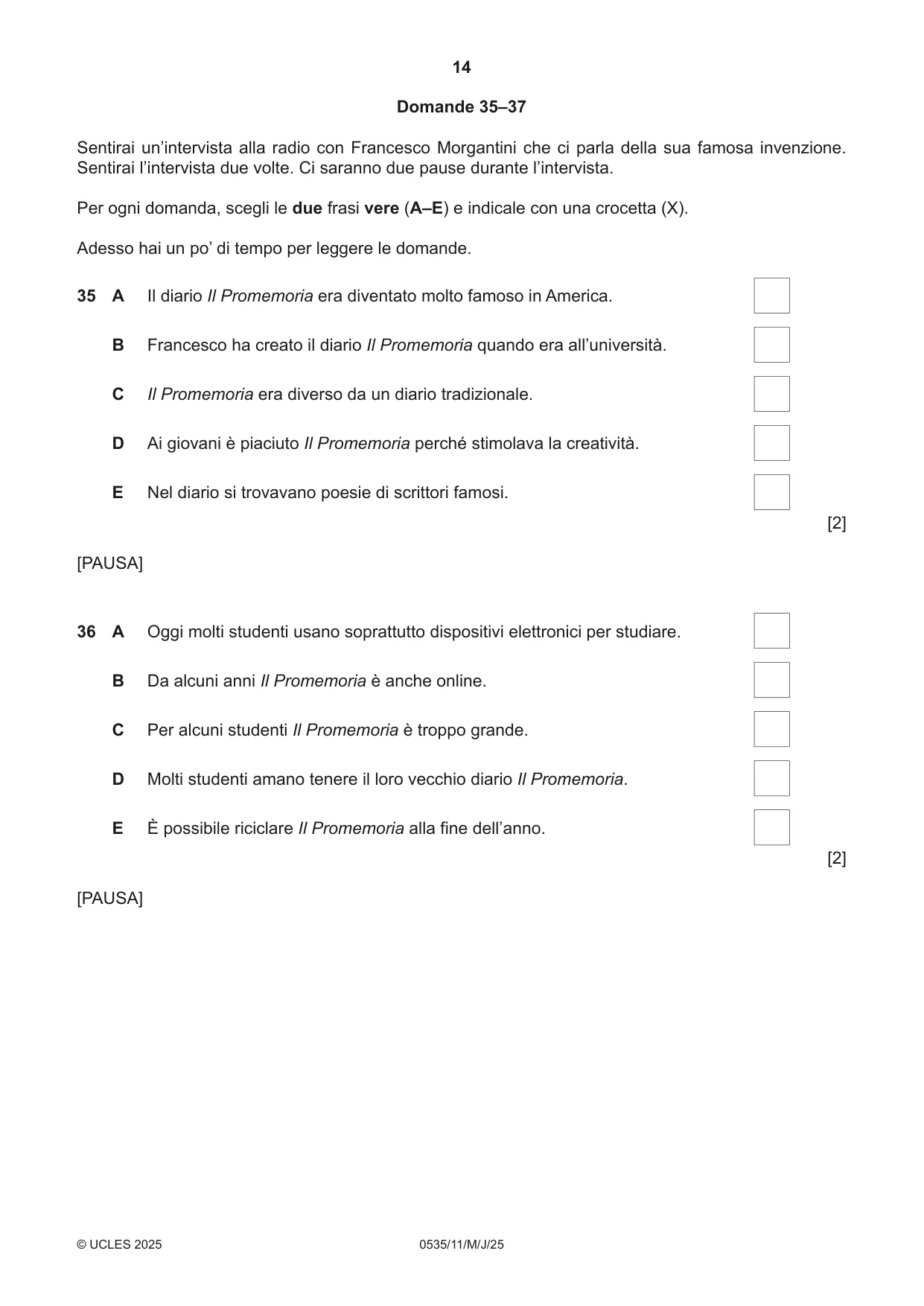 Cambridge IGCSE Italian - Foreign Language 0535 2025 May/June Paper 1 · Variant 1 question paper, page 14 of 16