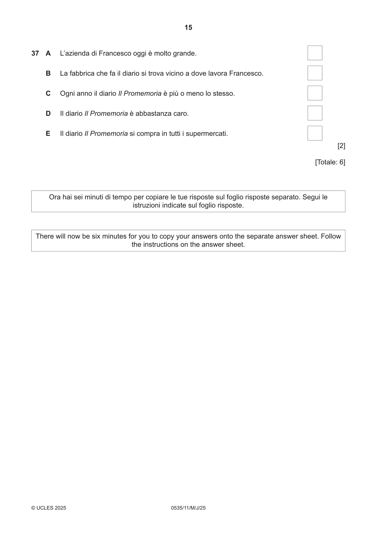 Cambridge IGCSE Italian - Foreign Language 0535 2025 May/June Paper 1 · Variant 1 question paper, page 15 of 16