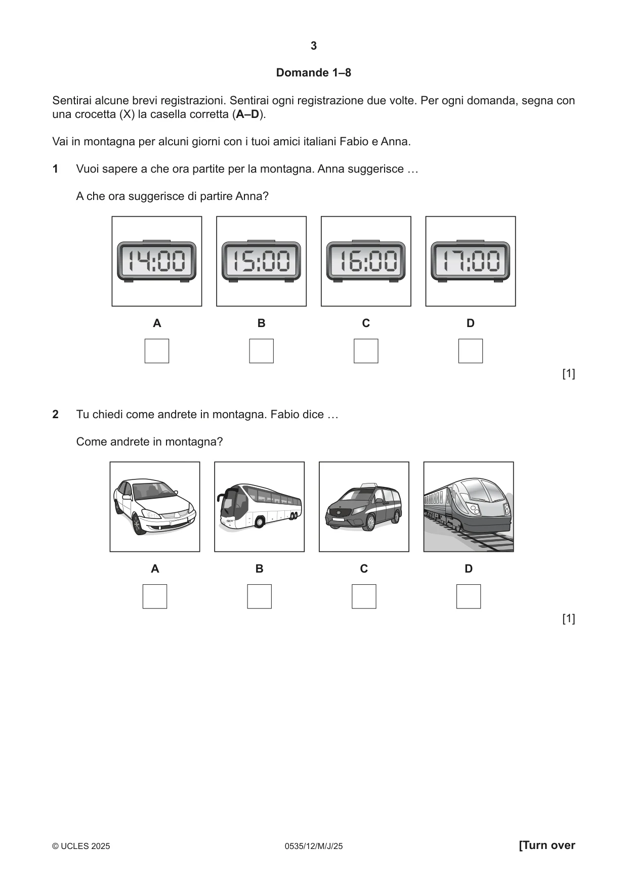 Cambridge IGCSE Italian - Foreign Language 0535 2025 May/June Paper 1 · Variant 2 question paper, page 3 of 16