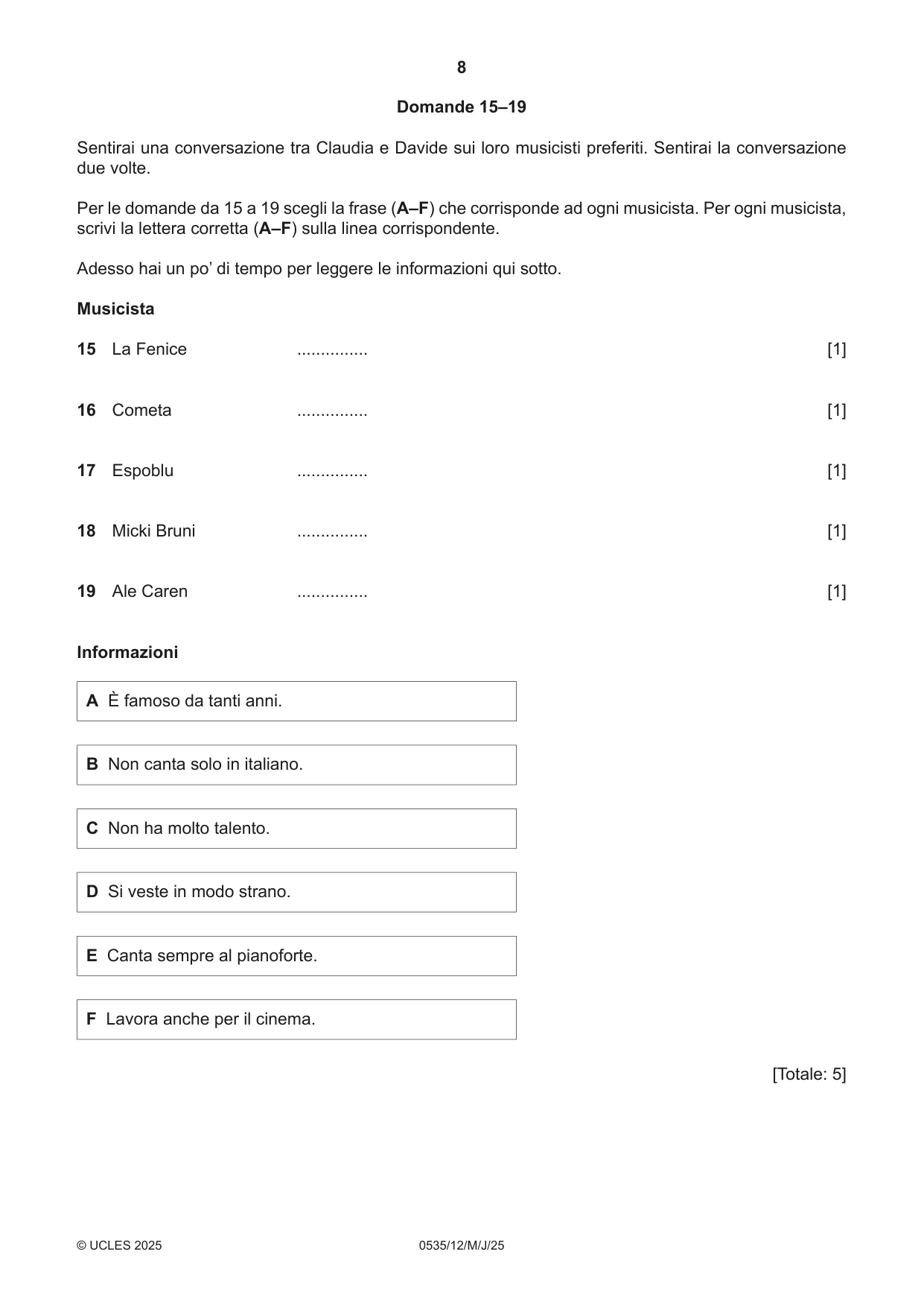 Cambridge IGCSE Italian - Foreign Language 0535 2025 May/June Paper 1 · Variant 2 question paper, page 8 of 16