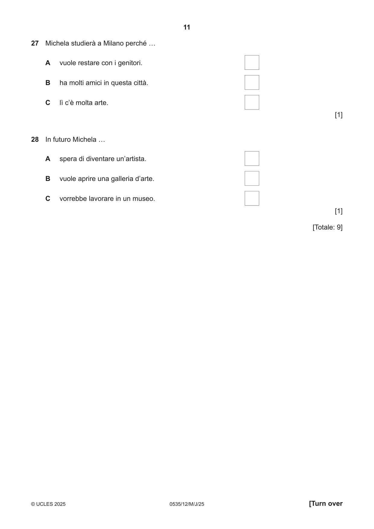 Cambridge IGCSE Italian - Foreign Language 0535 2025 May/June Paper 1 · Variant 2 question paper, page 11 of 16