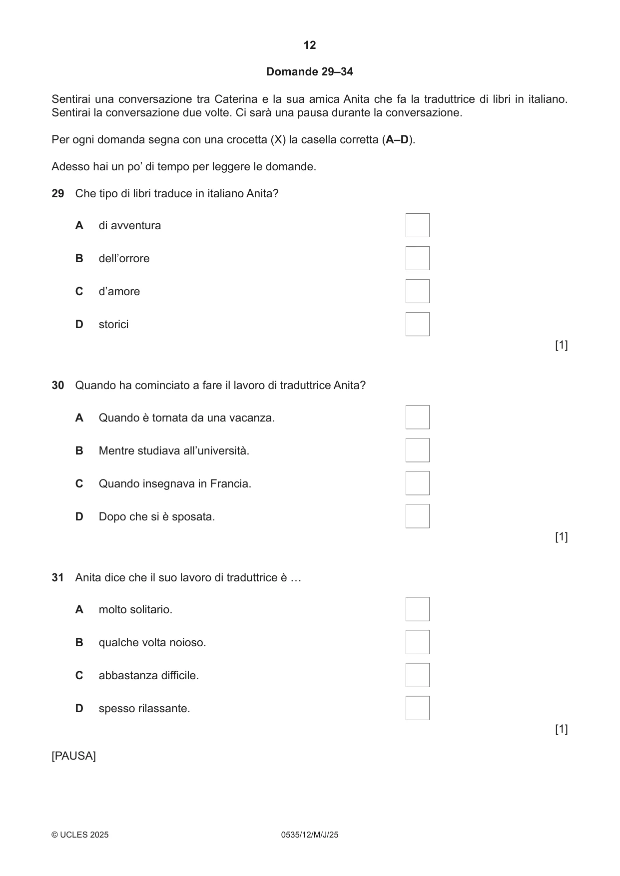 Cambridge IGCSE Italian - Foreign Language 0535 2025 May/June Paper 1 · Variant 2 question paper, page 12 of 16