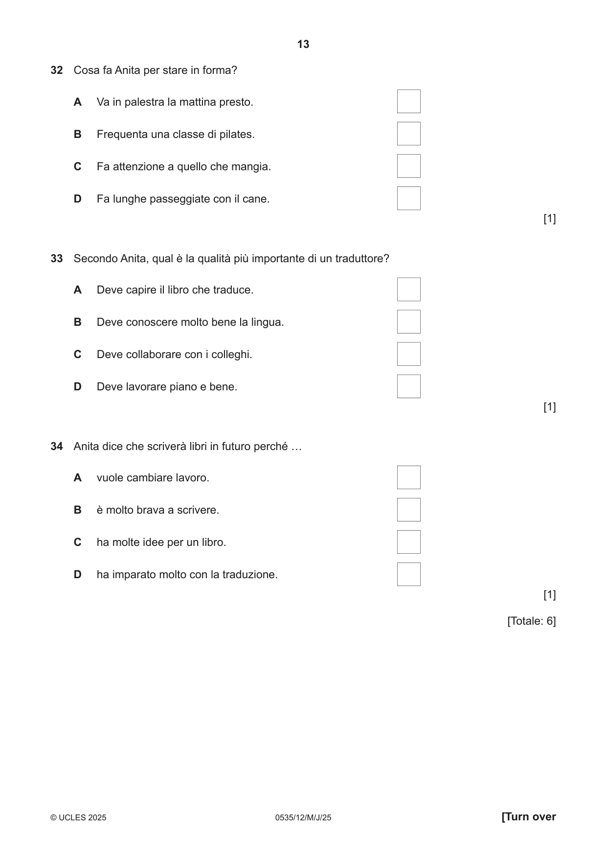 Cambridge IGCSE Italian - Foreign Language 0535 2025 May/June Paper 1 · Variant 2 question paper, page 13 of 16