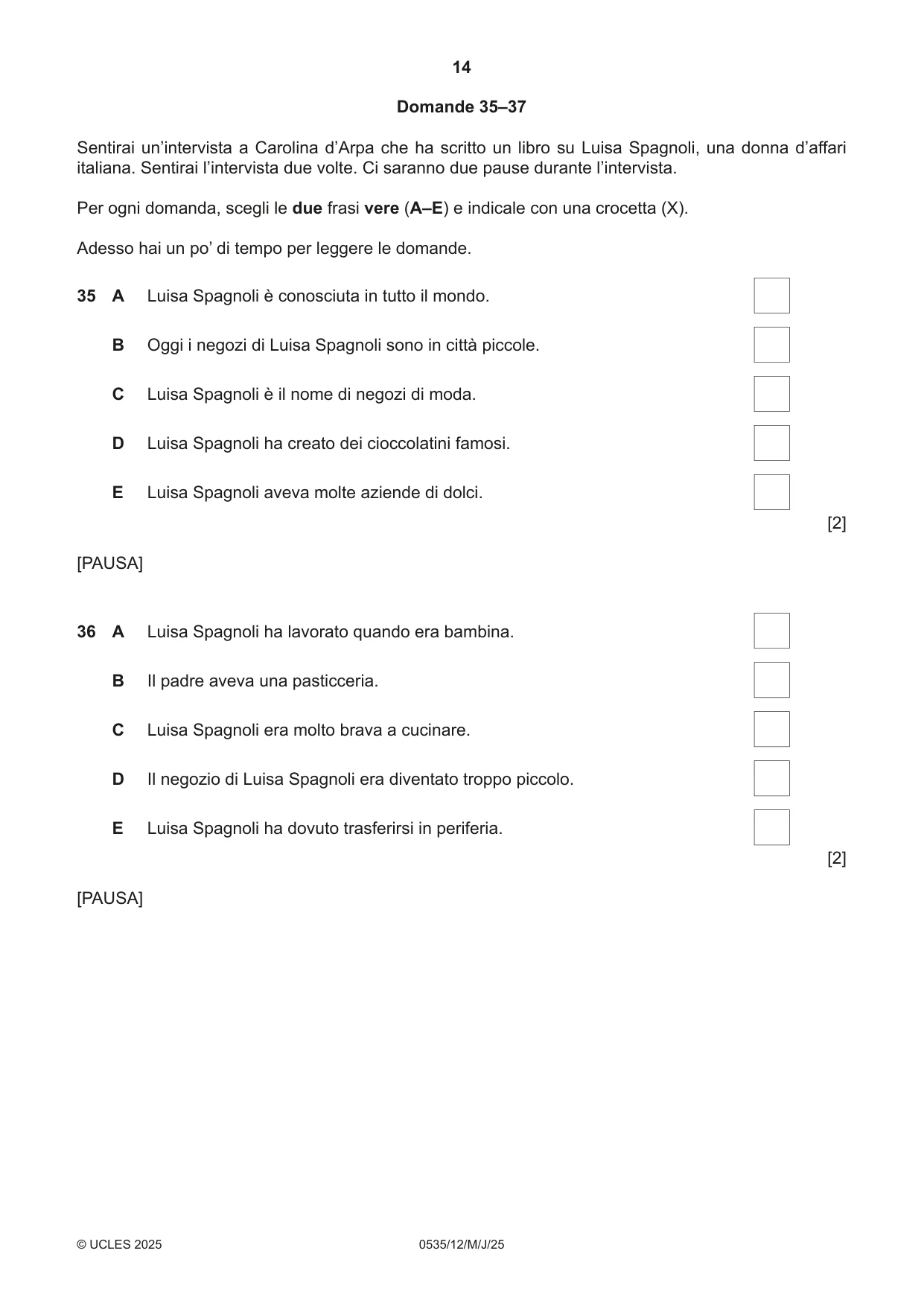 Cambridge IGCSE Italian - Foreign Language 0535 2025 May/June Paper 1 · Variant 2 question paper, page 14 of 16
