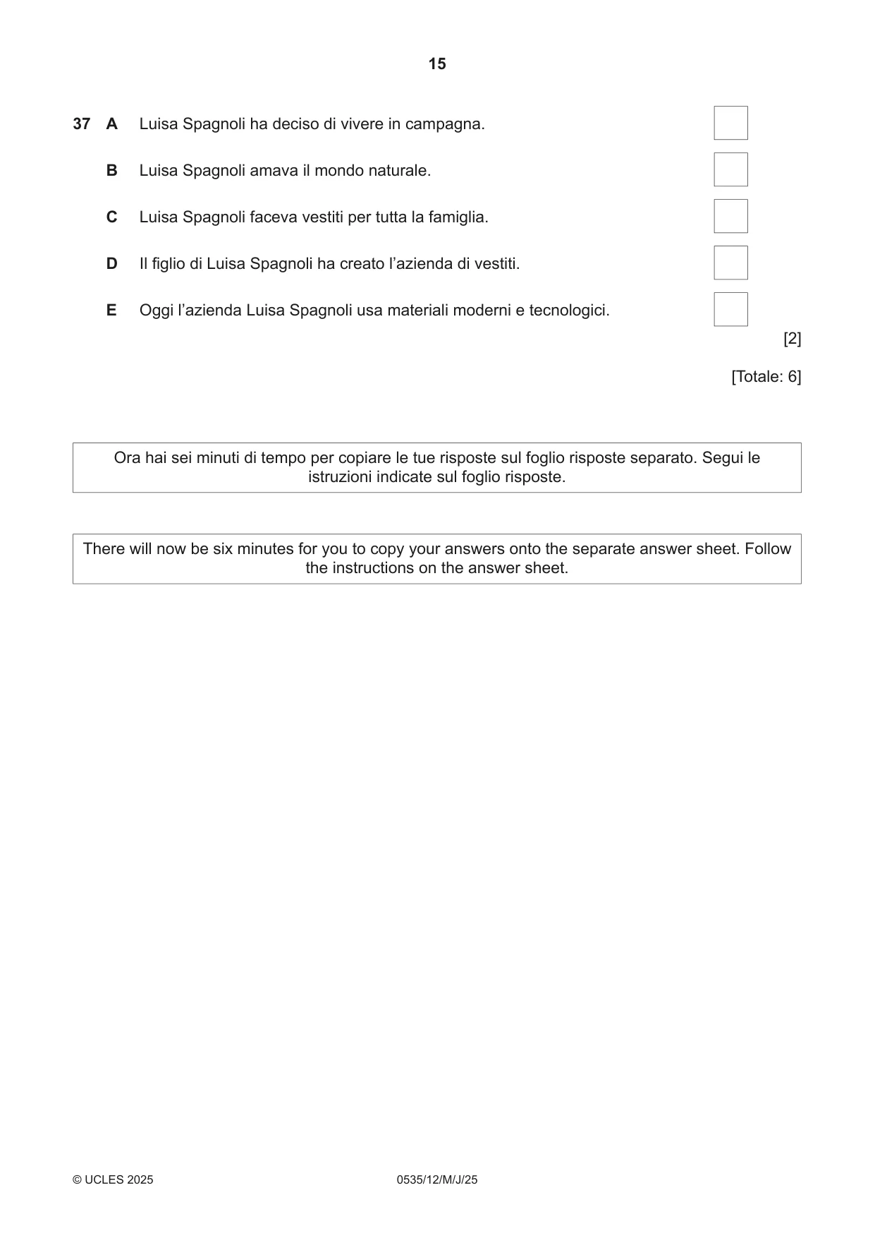 Cambridge IGCSE Italian - Foreign Language 0535 2025 May/June Paper 1 · Variant 2 question paper, page 15 of 16