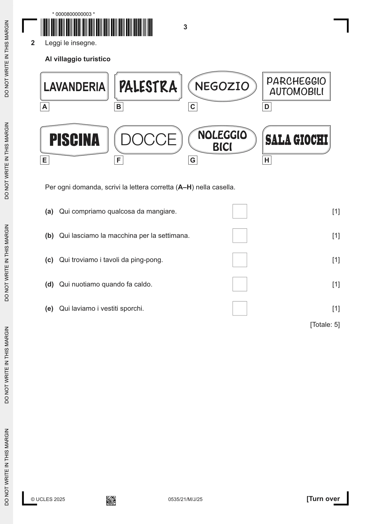Cambridge IGCSE Italian - Foreign Language 0535 2025 May/June Paper 2 · Variant 1 question paper, page 3 of 12