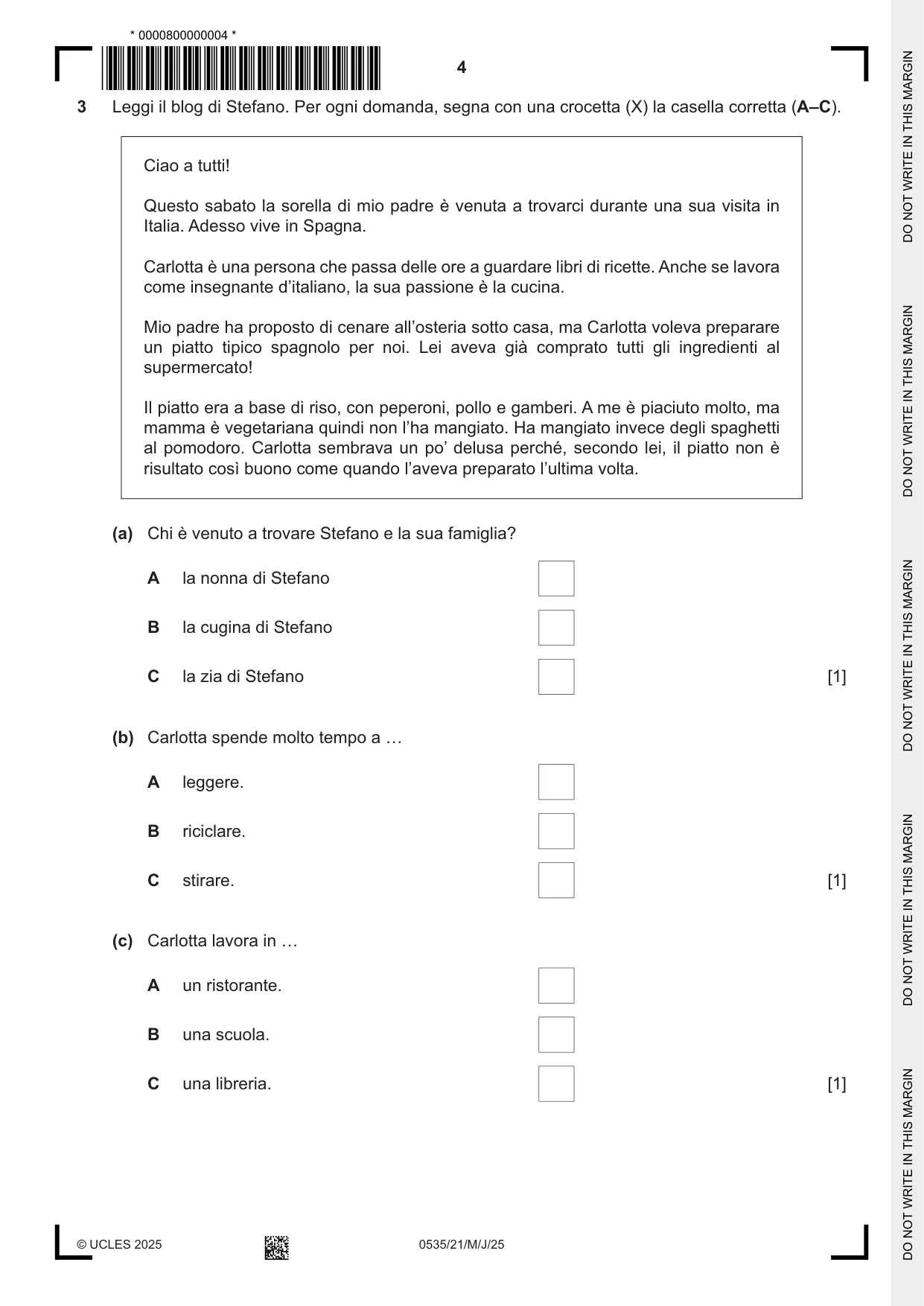 Cambridge IGCSE Italian - Foreign Language 0535 2025 May/June Paper 2 · Variant 1 question paper, page 4 of 12