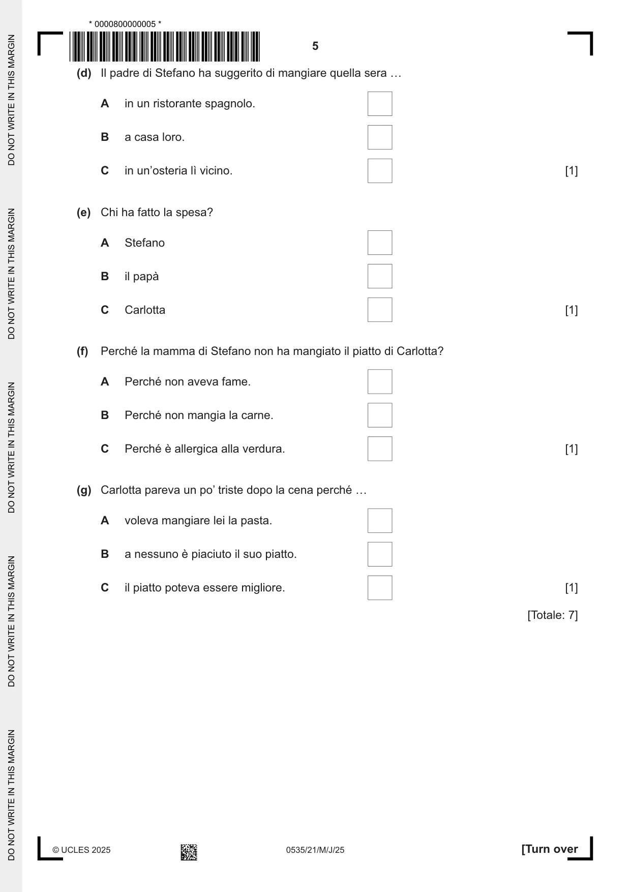 Cambridge IGCSE Italian - Foreign Language 0535 2025 May/June Paper 2 · Variant 1 question paper, page 5 of 12