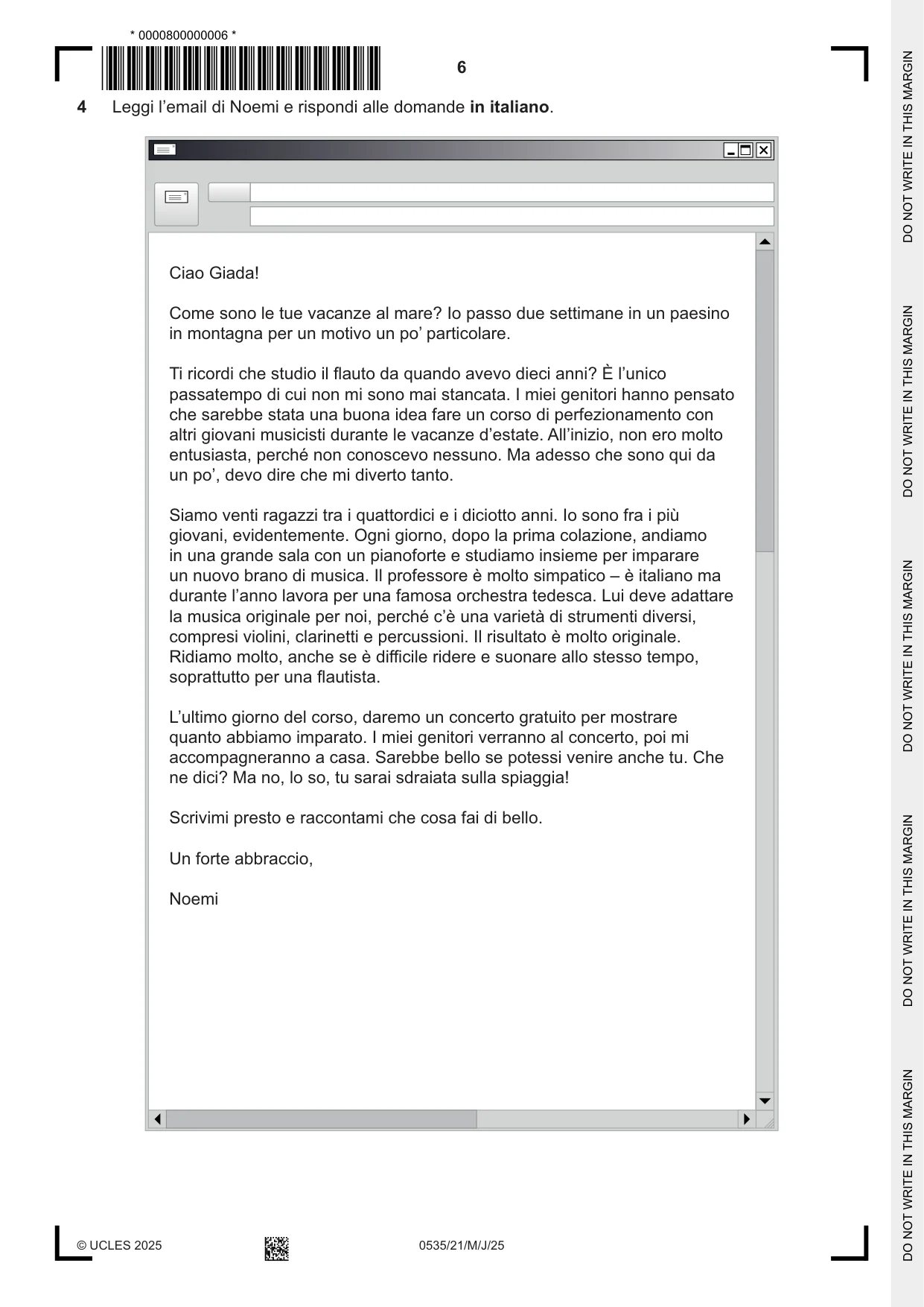 Cambridge IGCSE Italian - Foreign Language 0535 2025 May/June Paper 2 · Variant 1 question paper, page 6 of 12