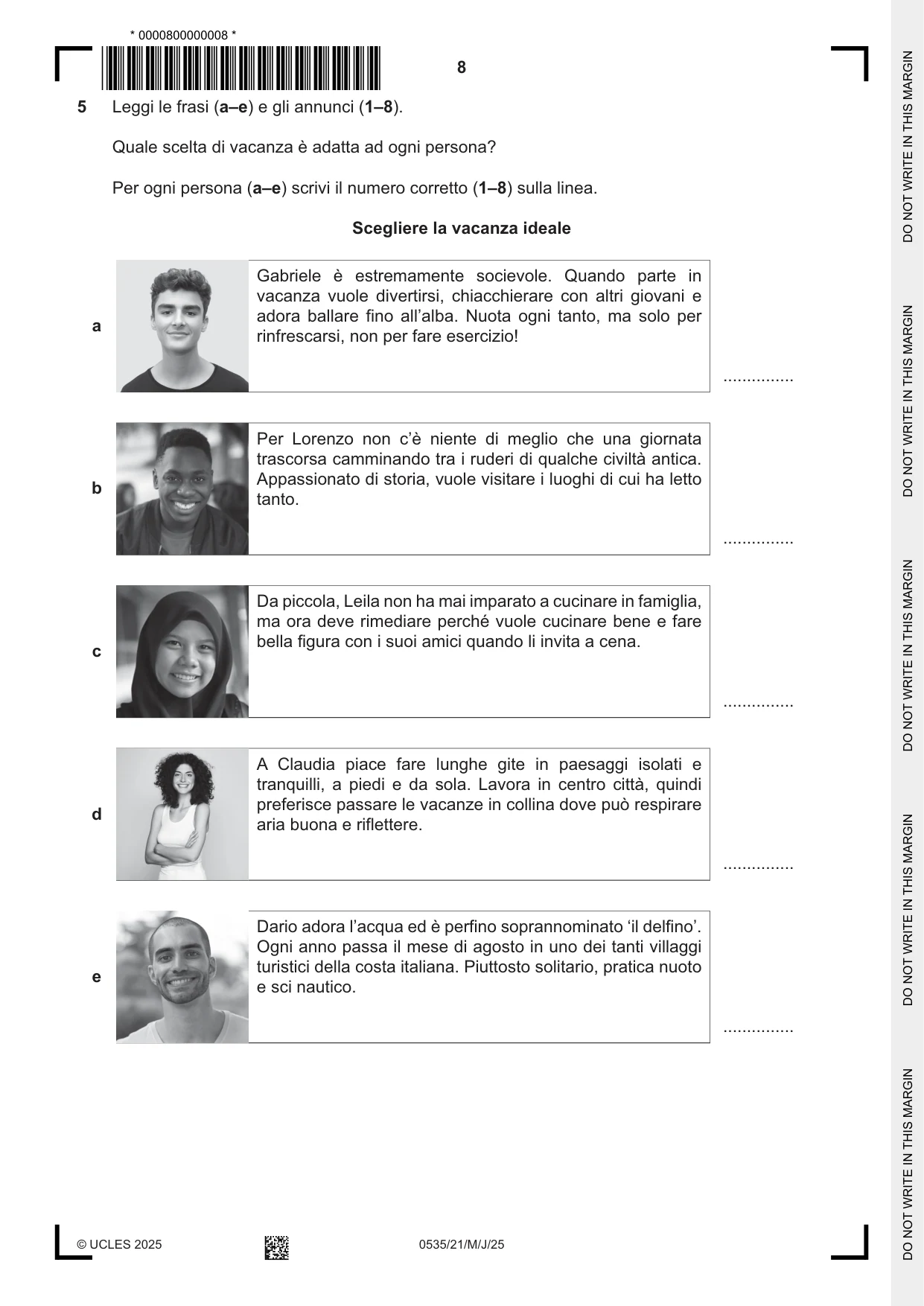 Cambridge IGCSE Italian - Foreign Language 0535 2025 May/June Paper 2 · Variant 1 question paper, page 8 of 12