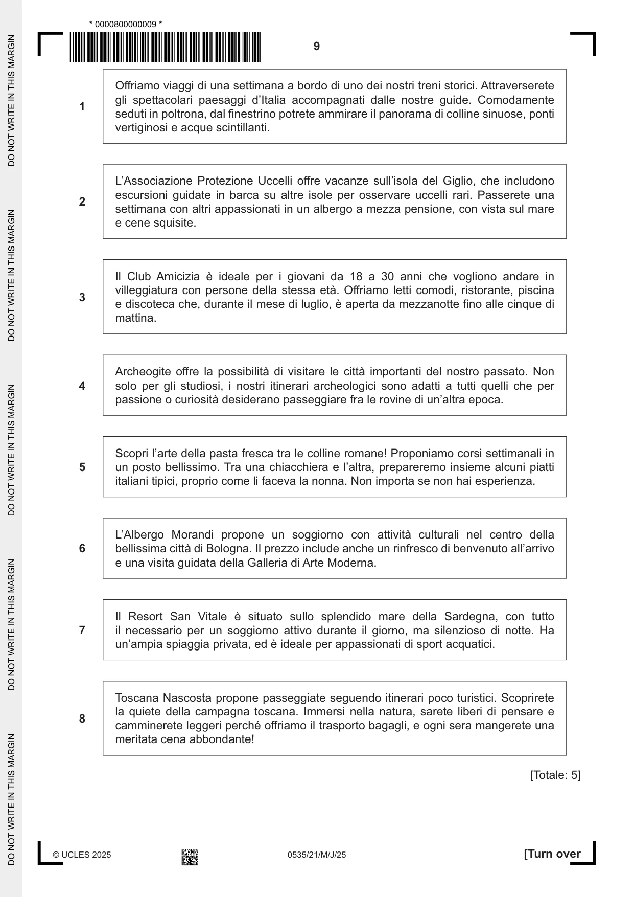 Cambridge IGCSE Italian - Foreign Language 0535 2025 May/June Paper 2 · Variant 1 question paper, page 9 of 12